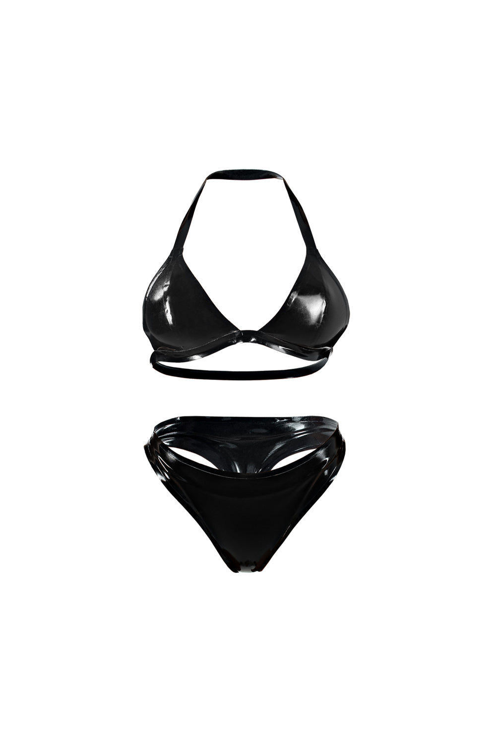 Black latex bikini set on a white background
