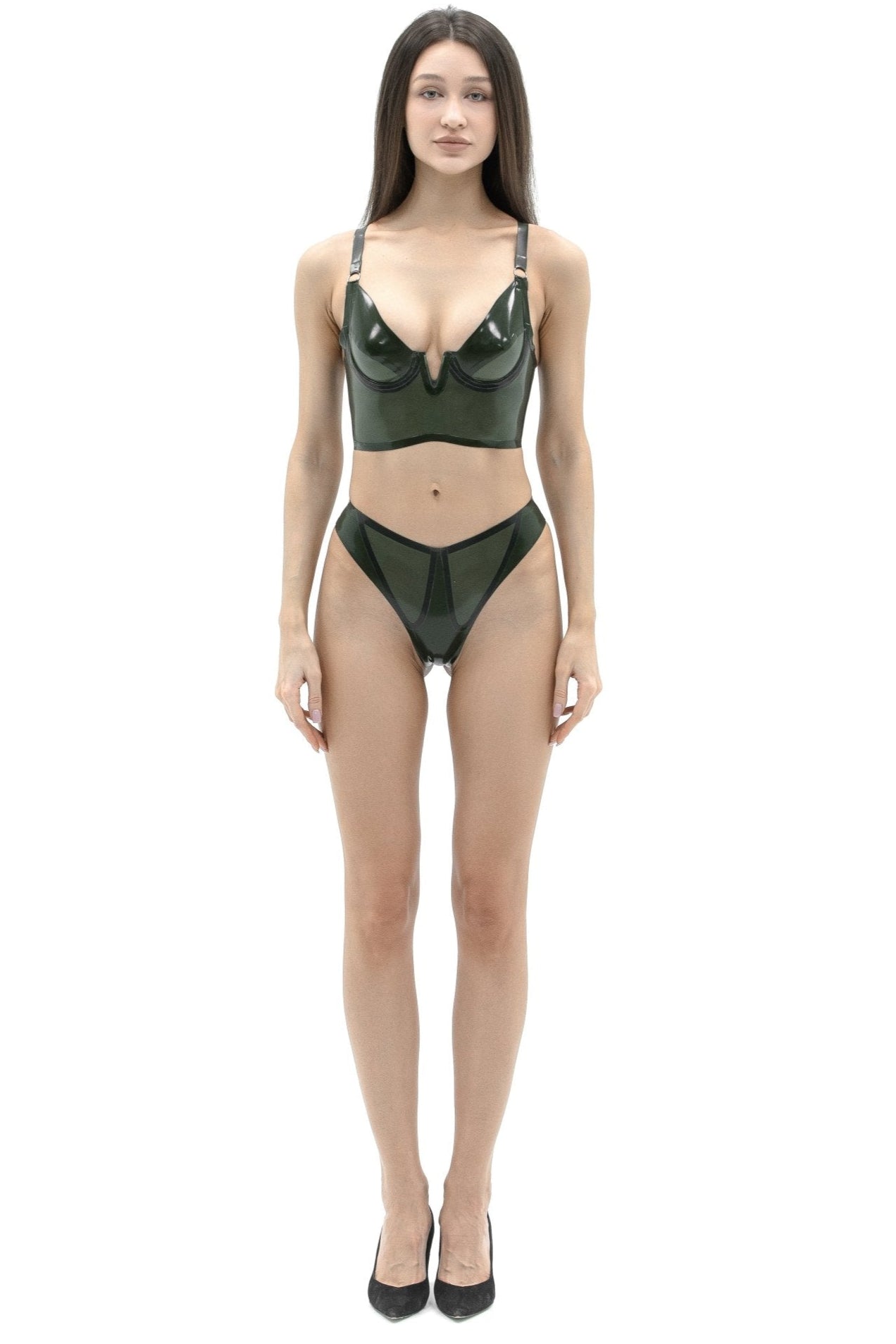 BOHEMIA Latex Lingerie Set - bra and thong olive - Elinlatex