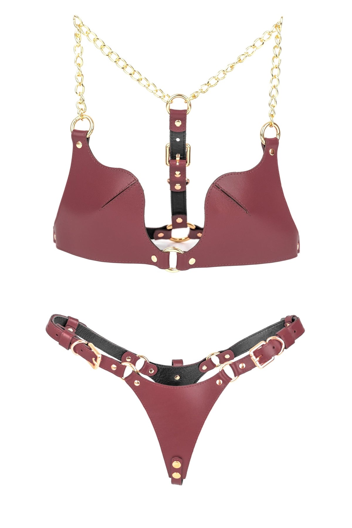 Freyja Full Genuine Leather Lingerie Set Burgundy - Elin Latex