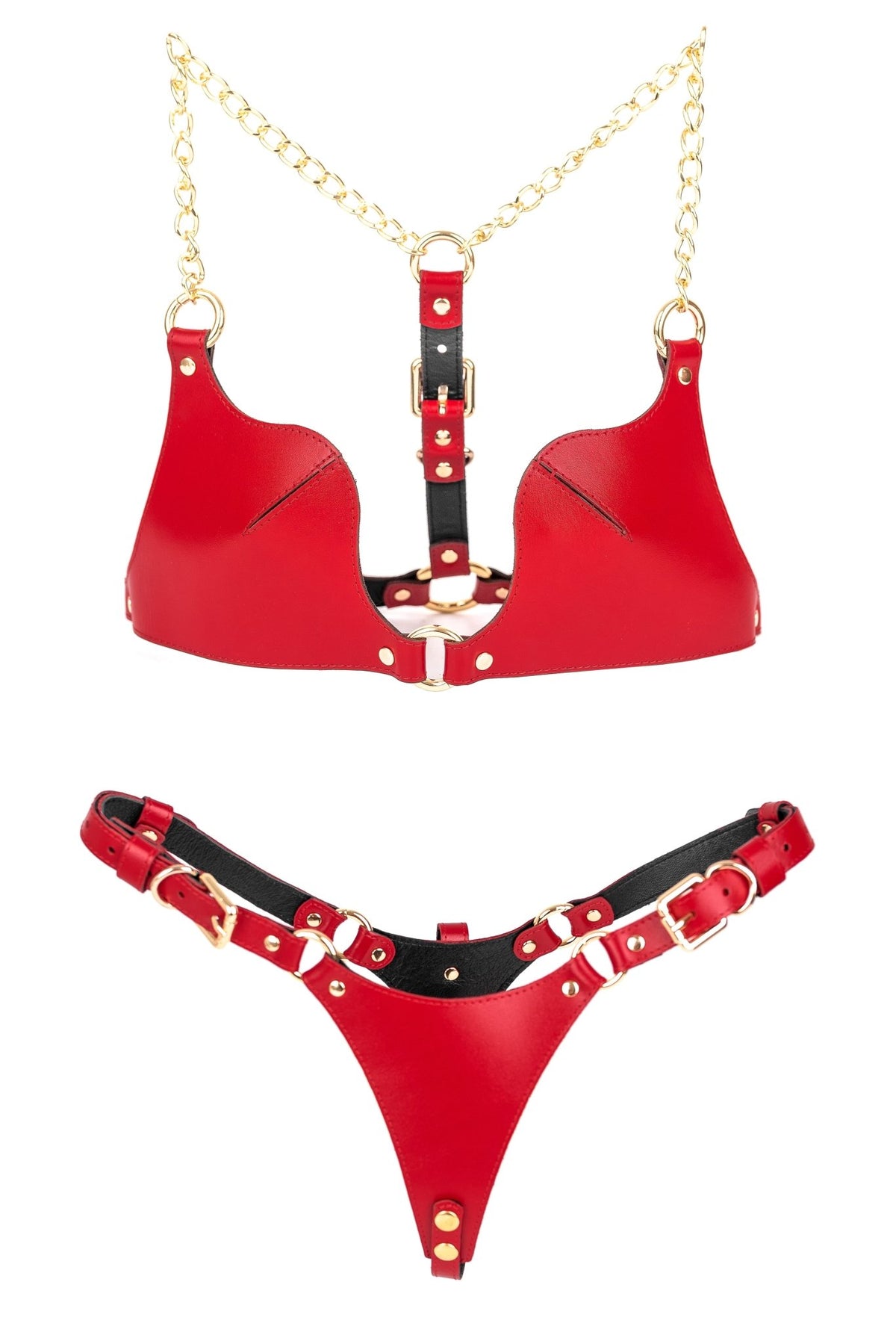 Freyja Full Genuine Leather Lingerie Set Red - Elin Latex