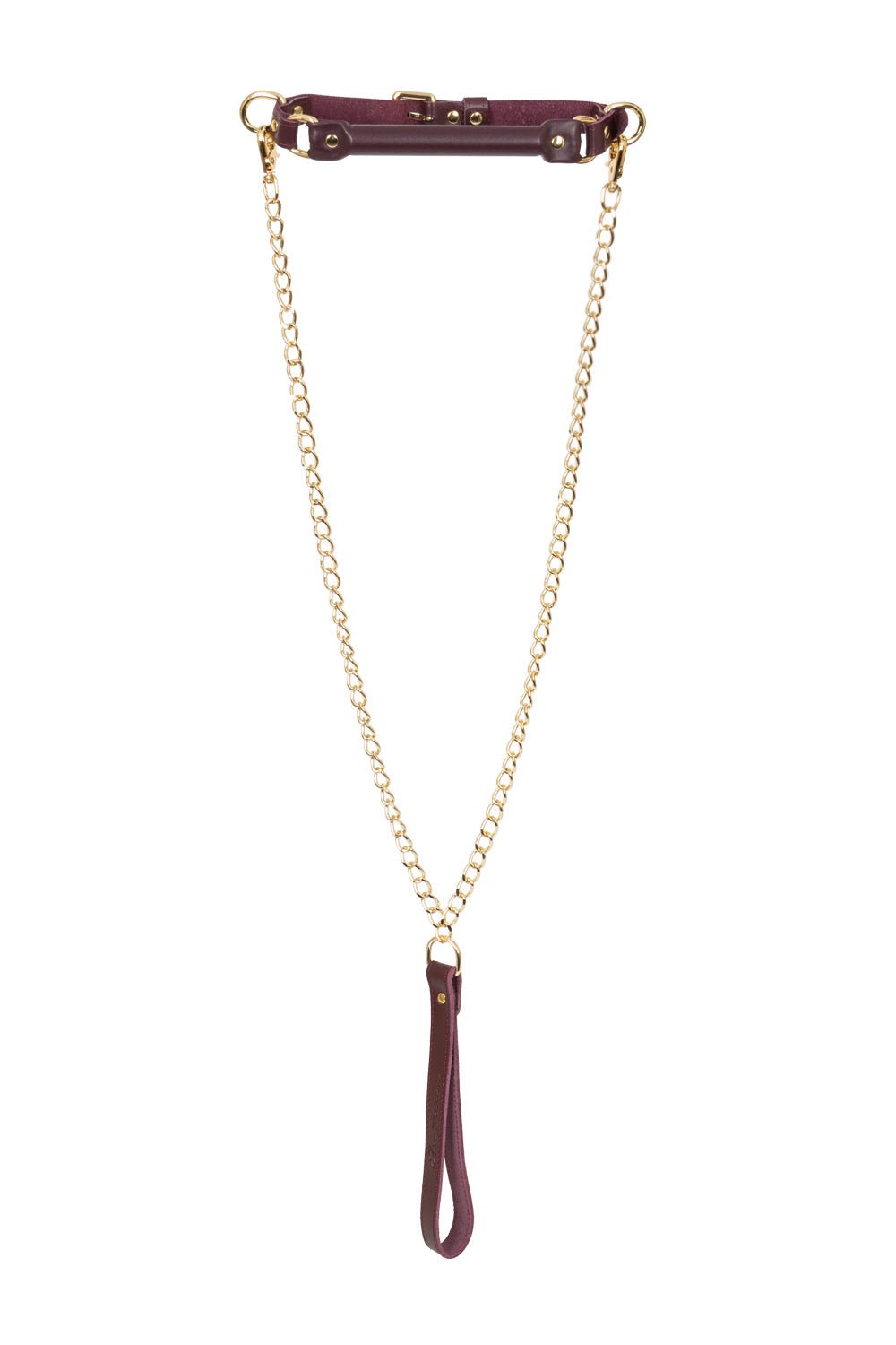 Genuine Leather Bridle Mouth Restraint with removable chain leash. Burgundy - Elinlatex