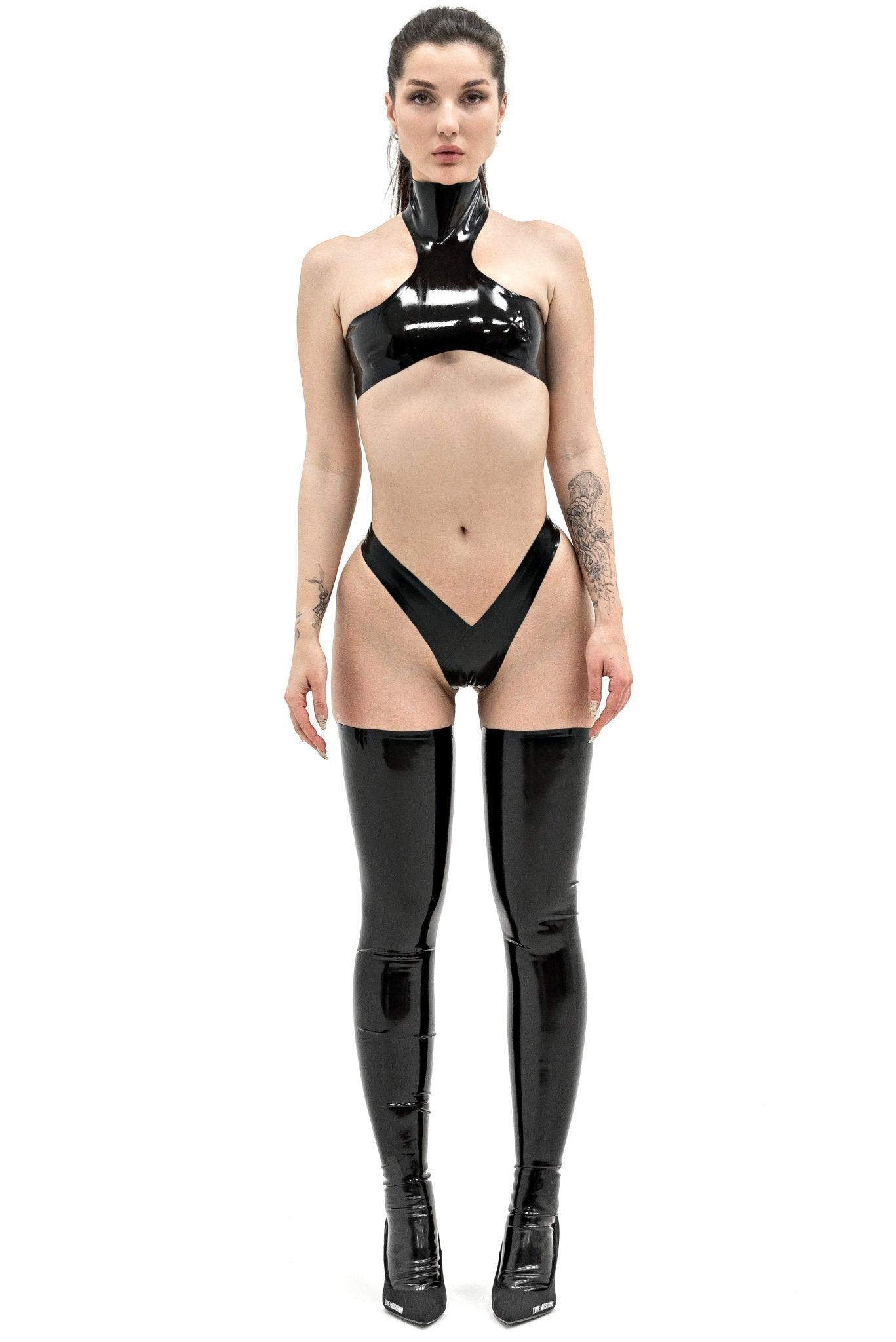 High Neck Top And High - Cut Thong Pola. Black - Elinlatex