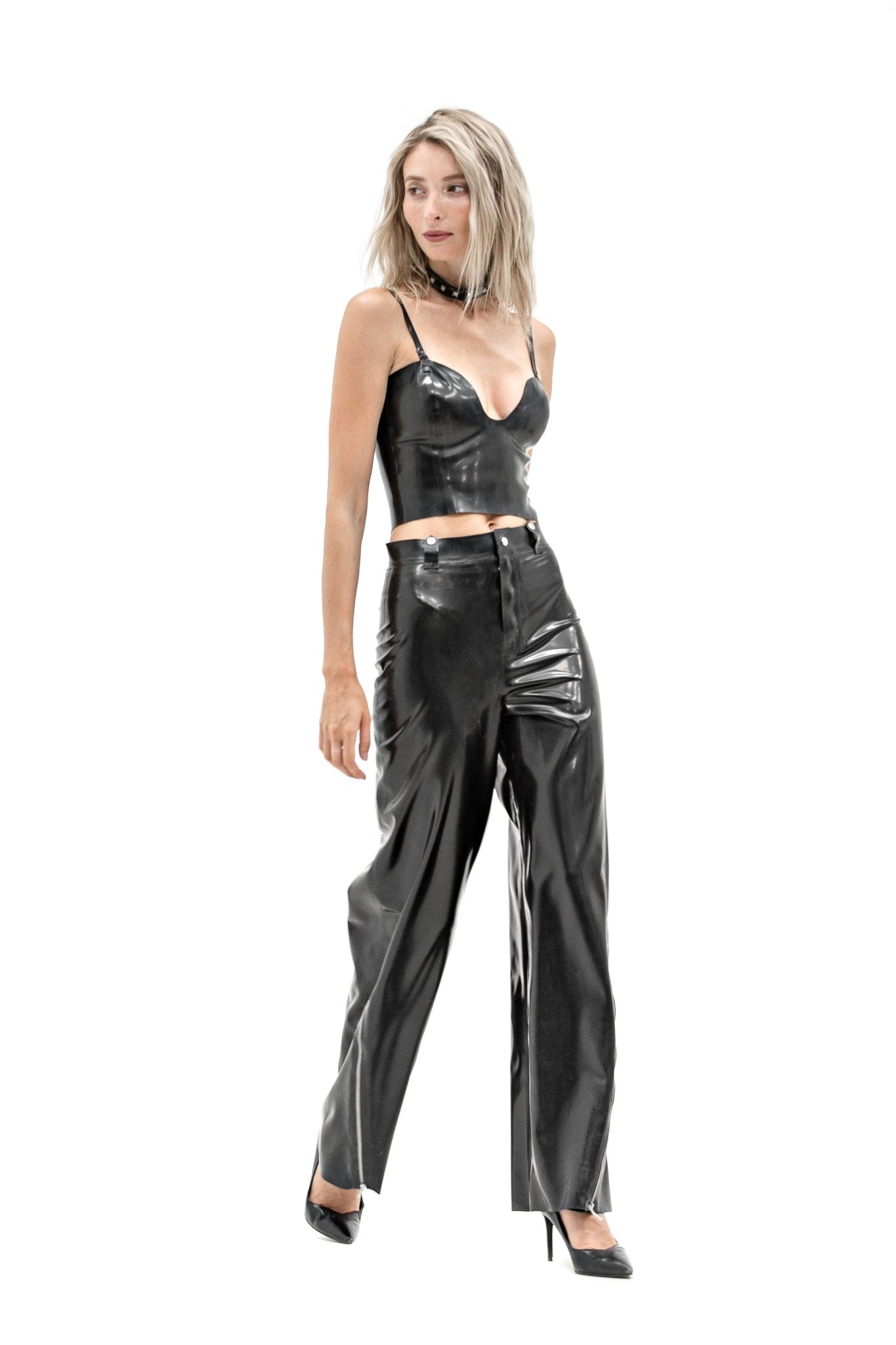 High - Waisted Black Latex Pants with Side Zippers - Elinlatex