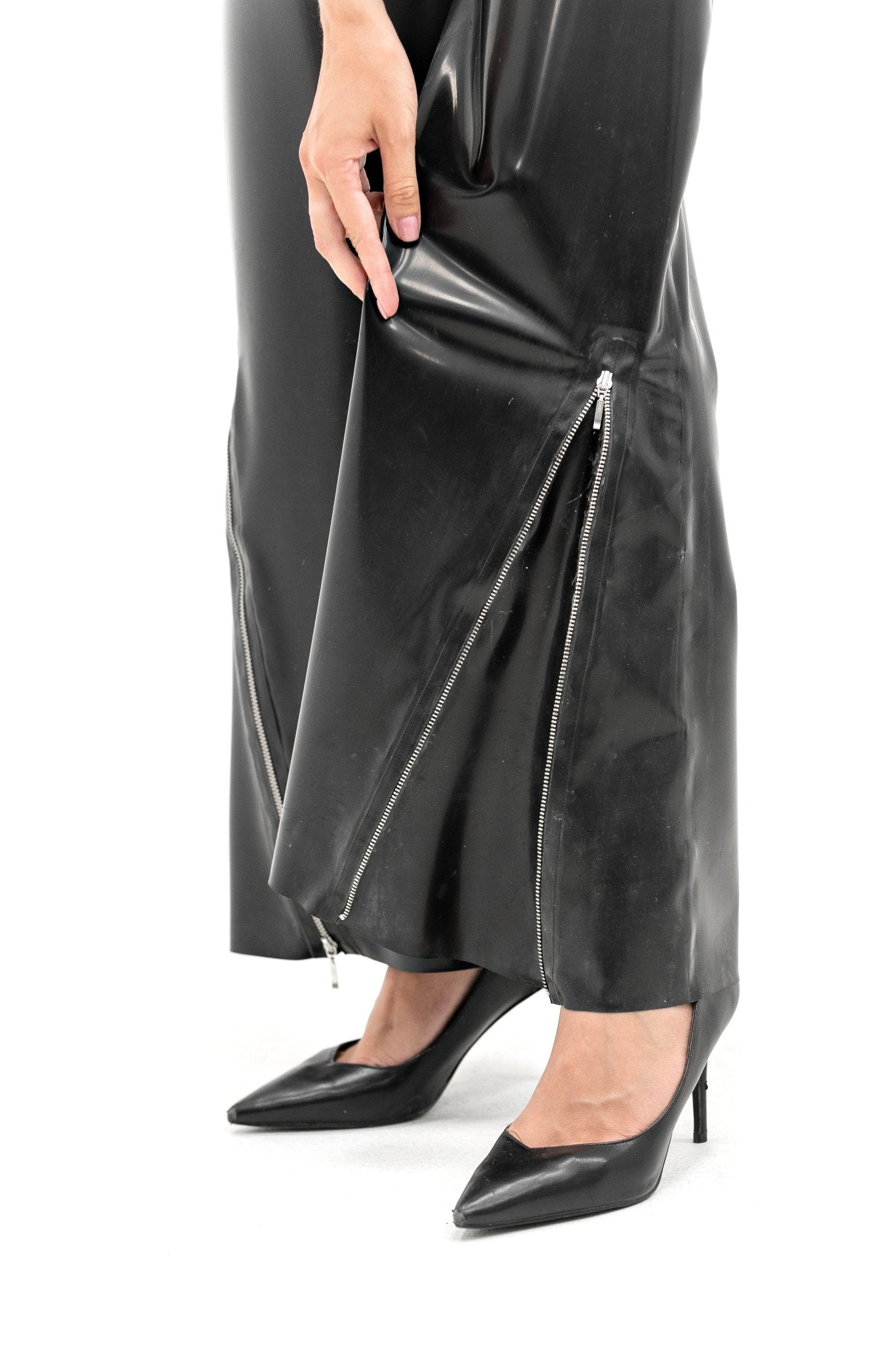 High - Waisted Black Latex Pants with Side Zippers - Elinlatex