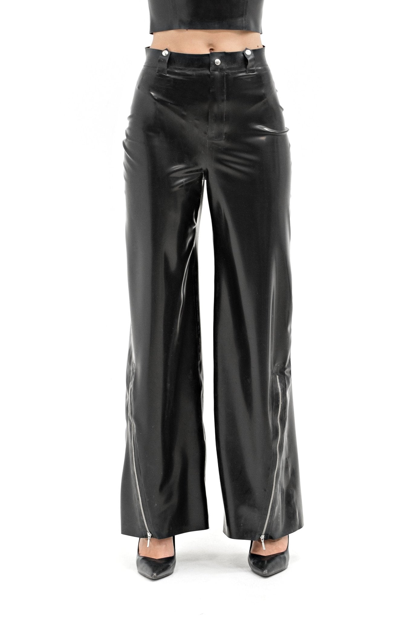 High - Waisted Black Latex Pants with Side Zippers - Elinlatex