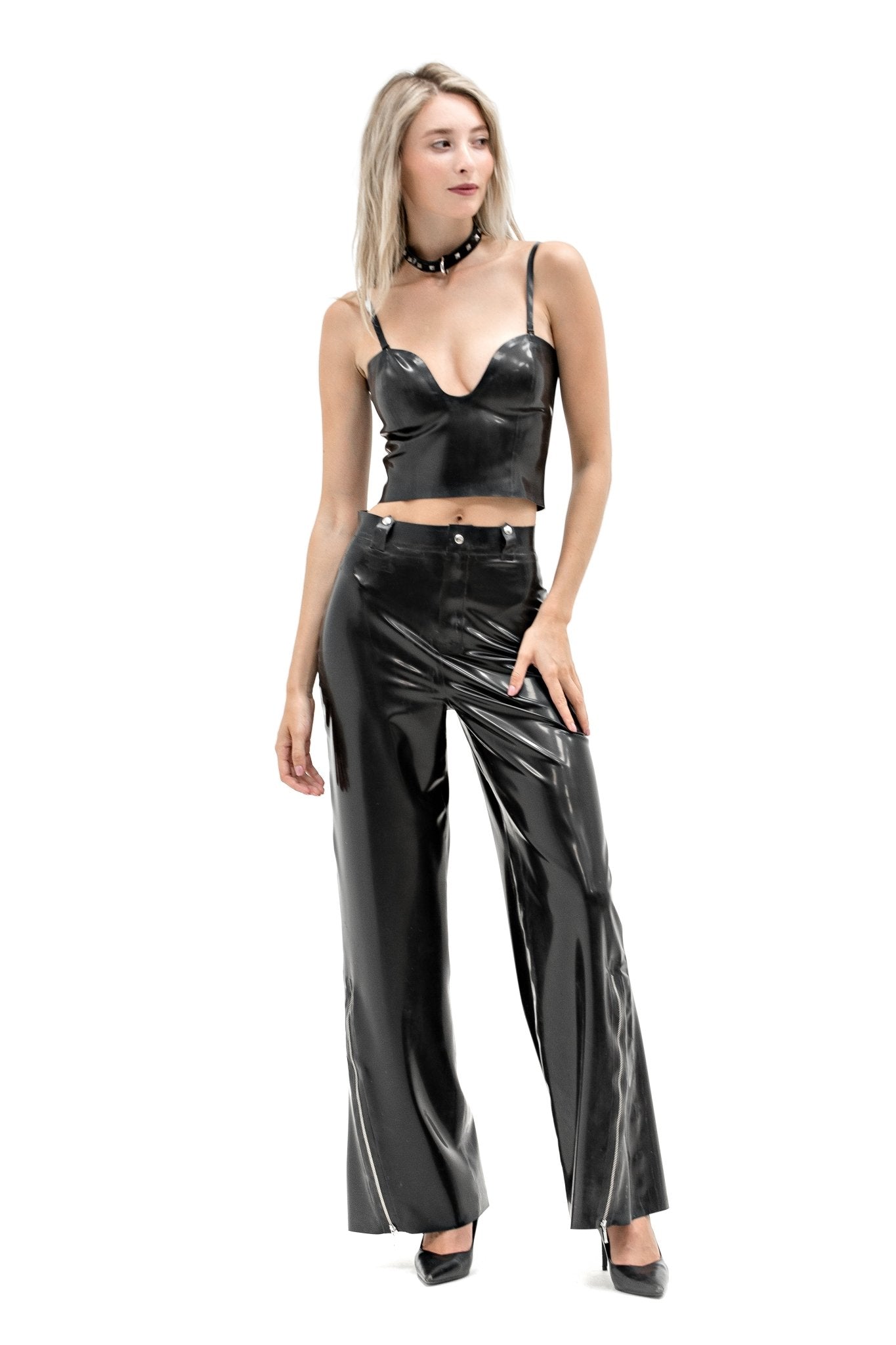 High - Waisted Black Latex Pants with Side Zippers - Elinlatex