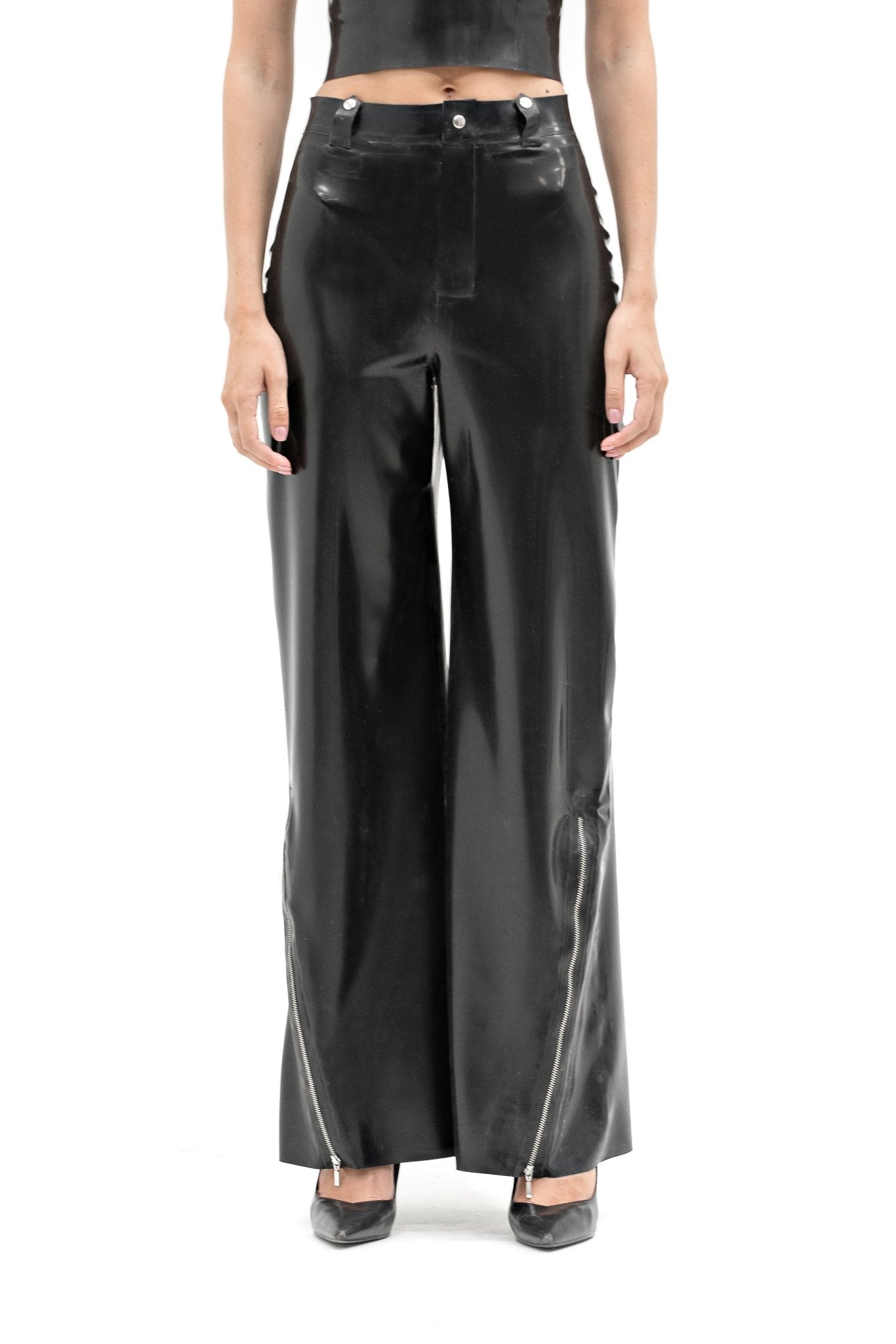 High - Waisted Black Latex Pants with Side Zippers - Elinlatex