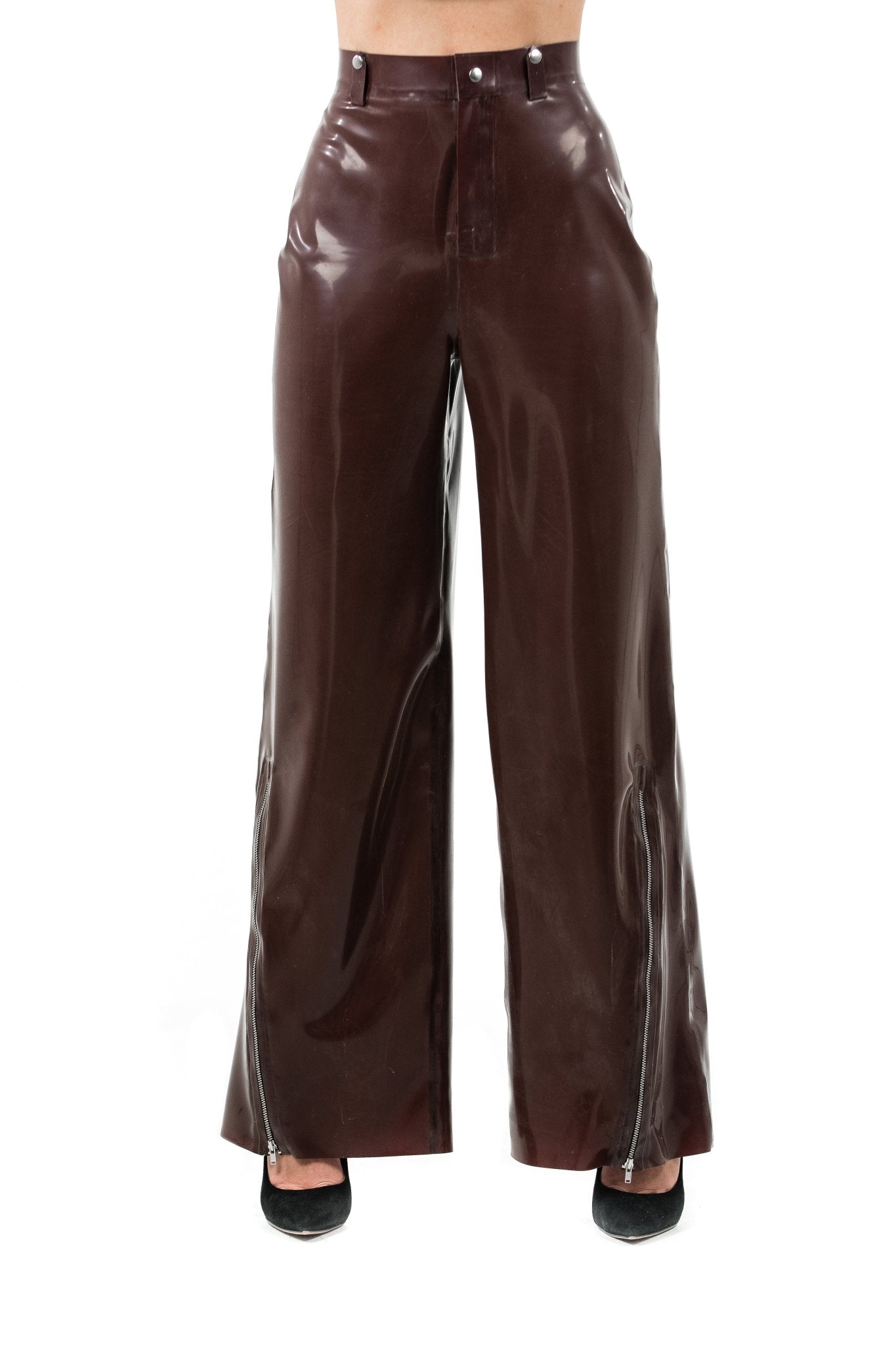 High - Waisted Black Latex Pants with Side Zippers. Brown - Elinlatex