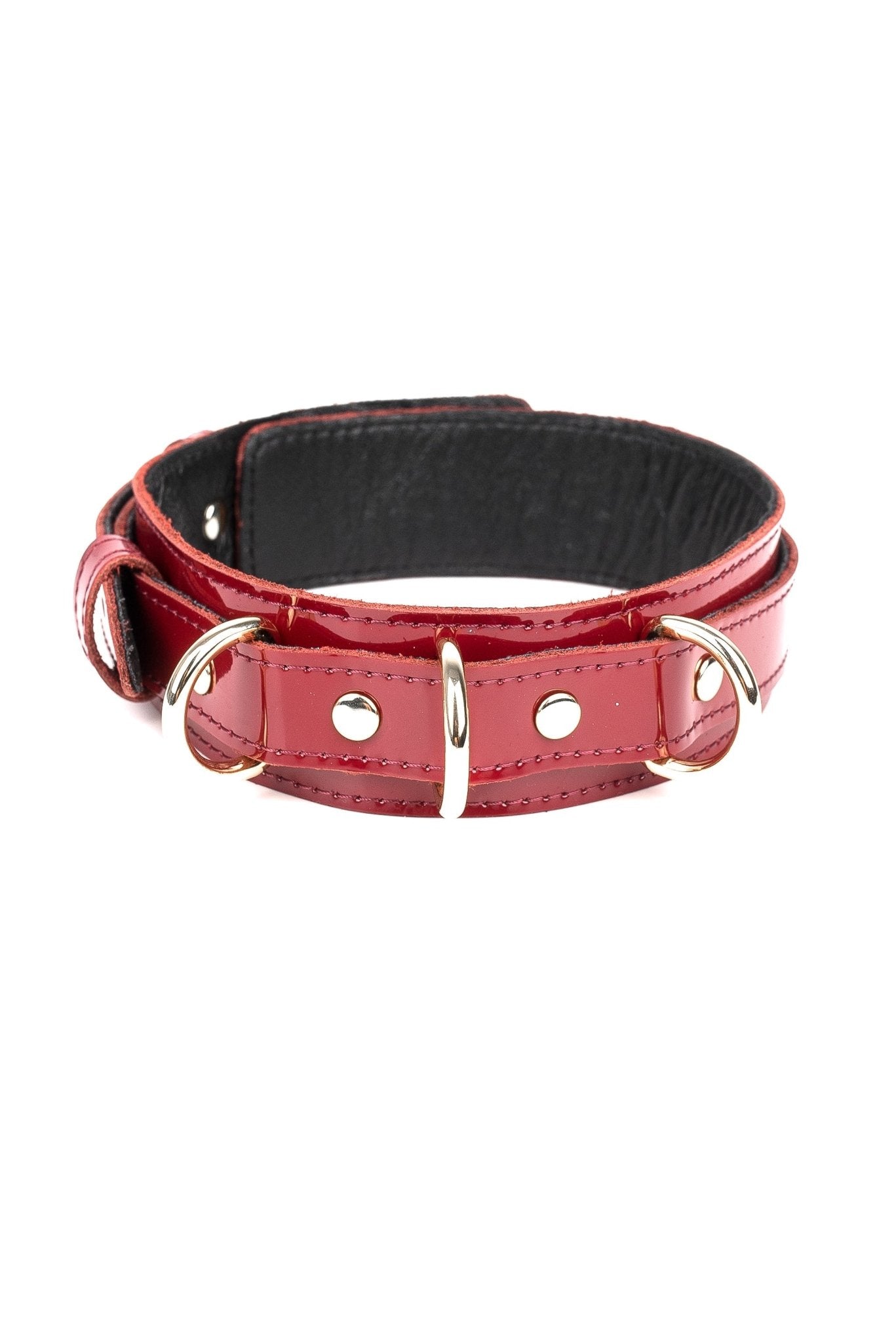 Lacquered Leather Collar with 3 D - rings. Burgundy - Elinlatex