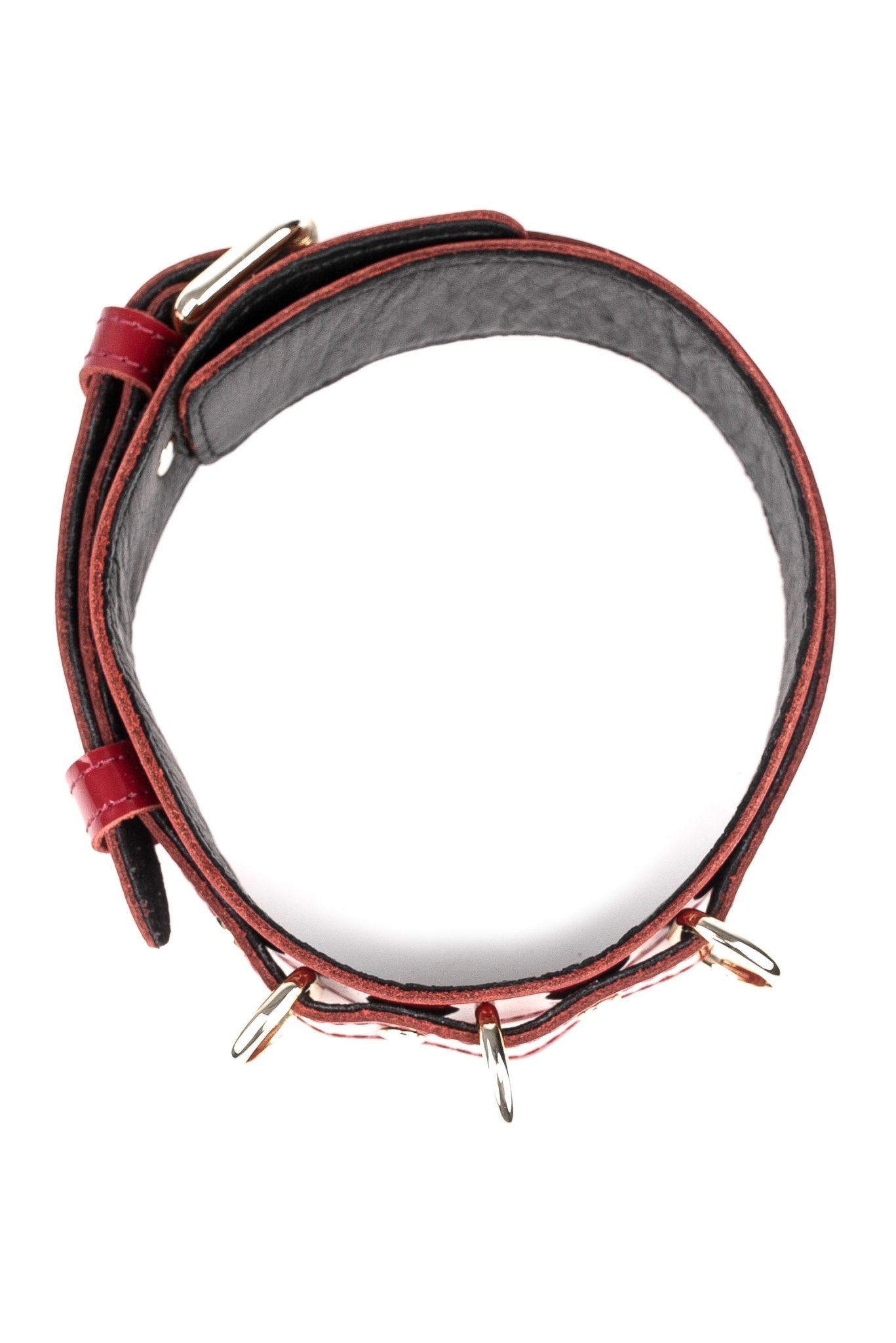 Lacquered Leather Collar with 3 D - rings. Burgundy - Elinlatex