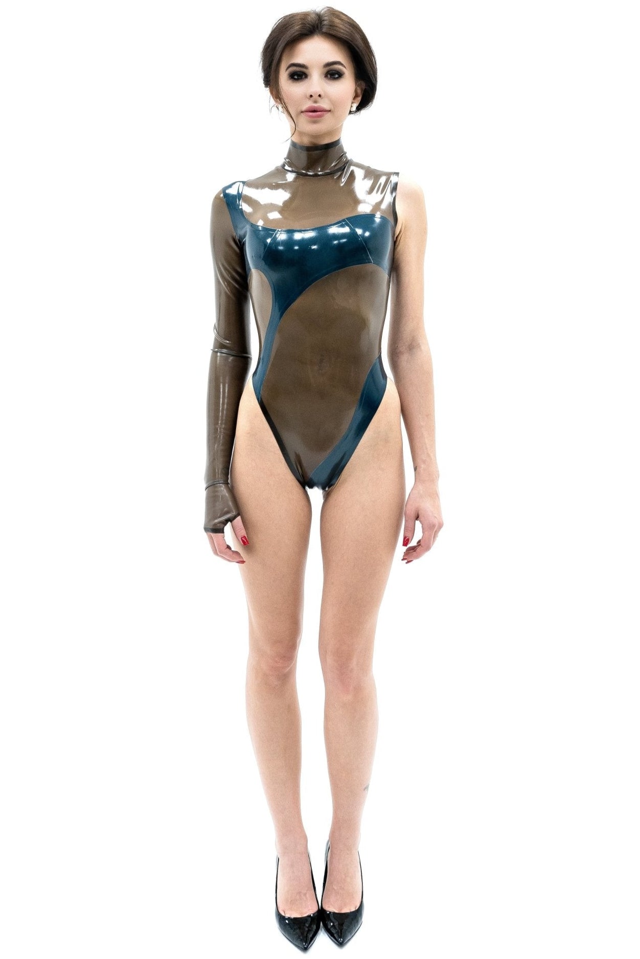 Latex Bodysuit with 1-sleeve. Asymmetric printed - Elinlatex