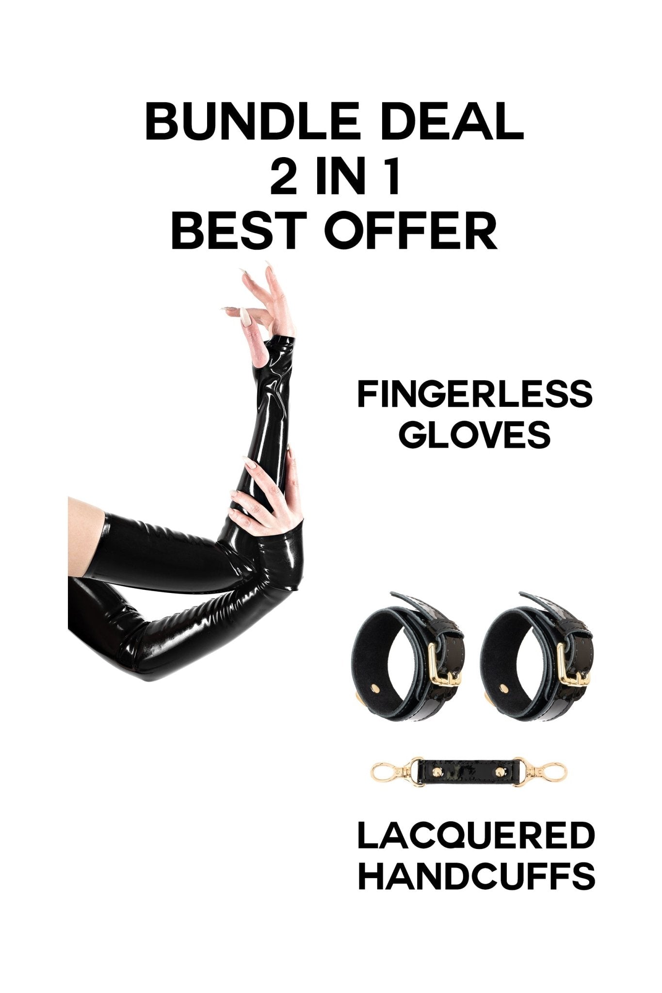 Latex Fingerless Gloves & Lacquered Black Leather Hand Cuffs - Elinlatex
