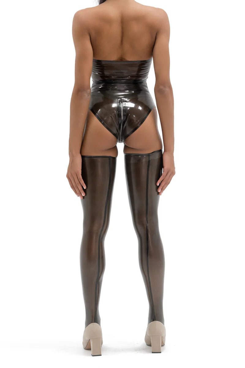 Latex High - Waist Zipper Panties. Semi - transparent Black - Elinlatex