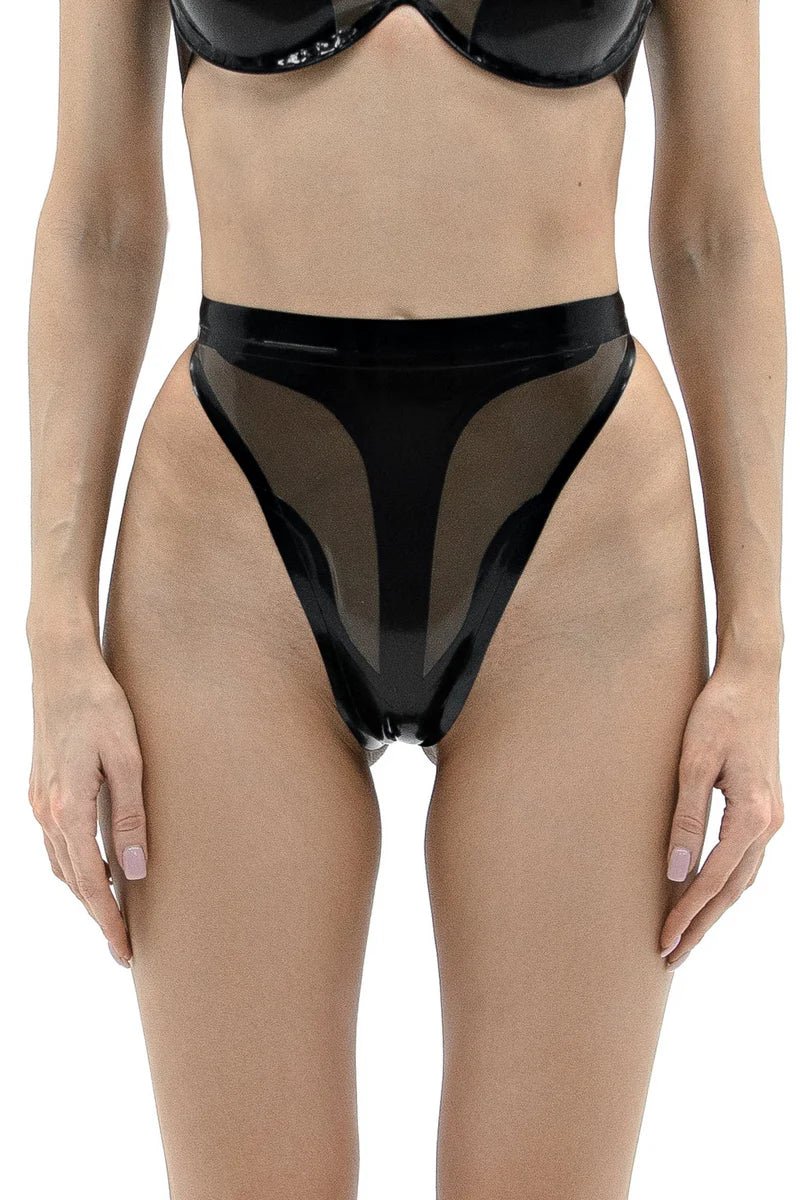 Latex High - Waisted Panties. Semi - Transparent Black + Black - Elinlatex