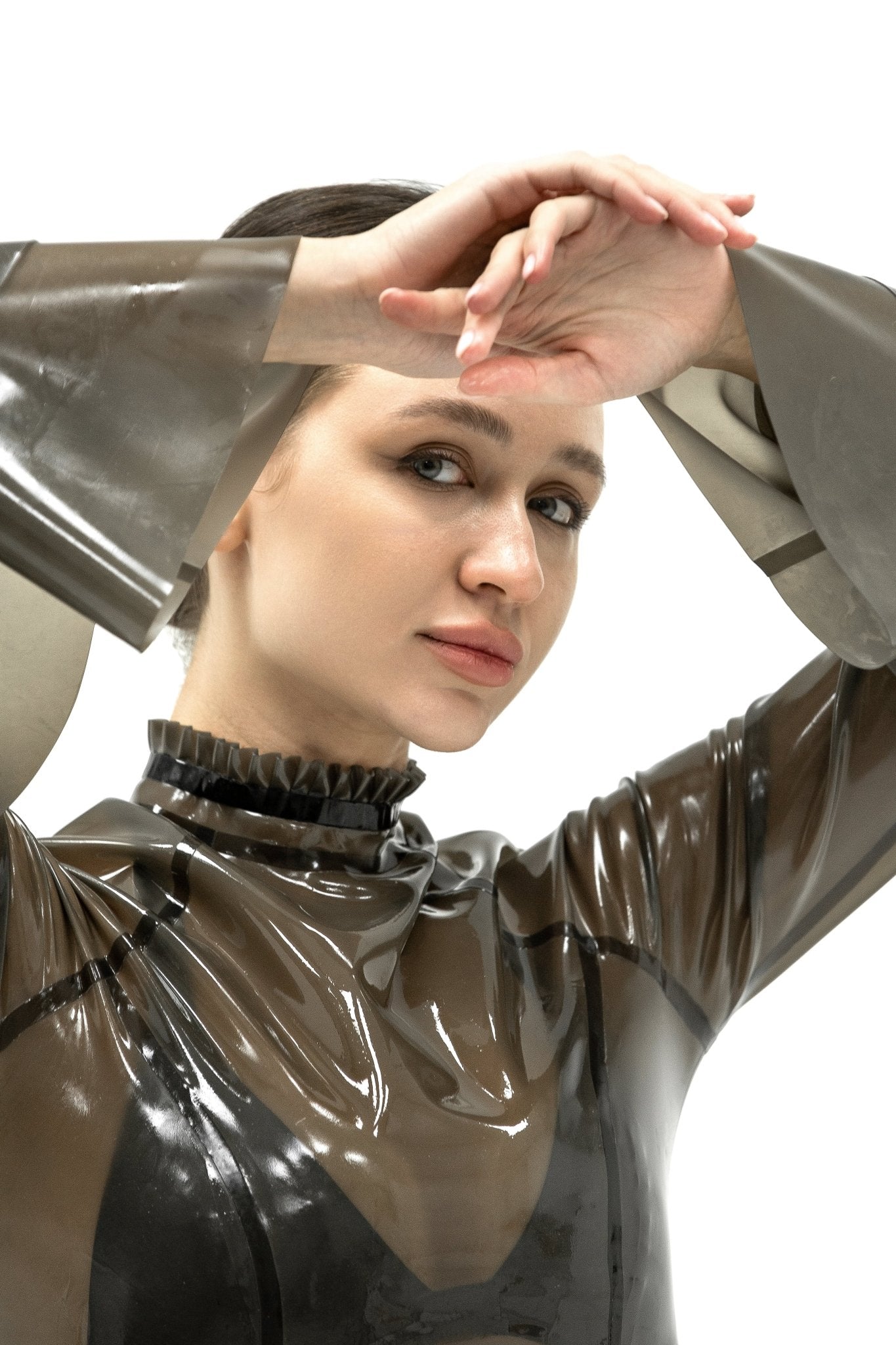 Latex Top with Ruffled Sleeves Isabelle - 01. Black Semi - Transparent - Elinlatex