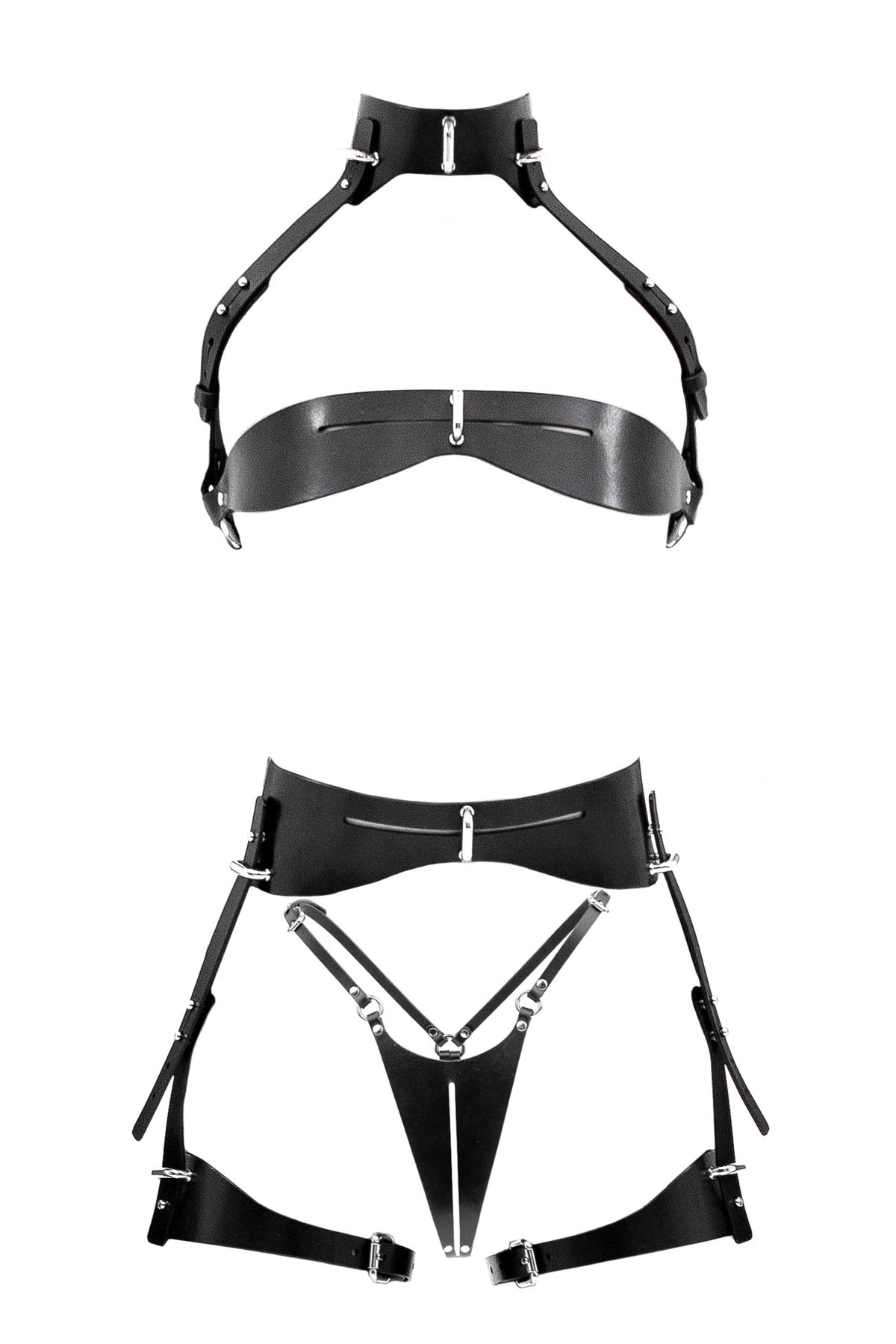 Lingerie Set "Infinity" Choker, Bra, Belt with garters, Open-crotch panties & Mask - Elin Latex