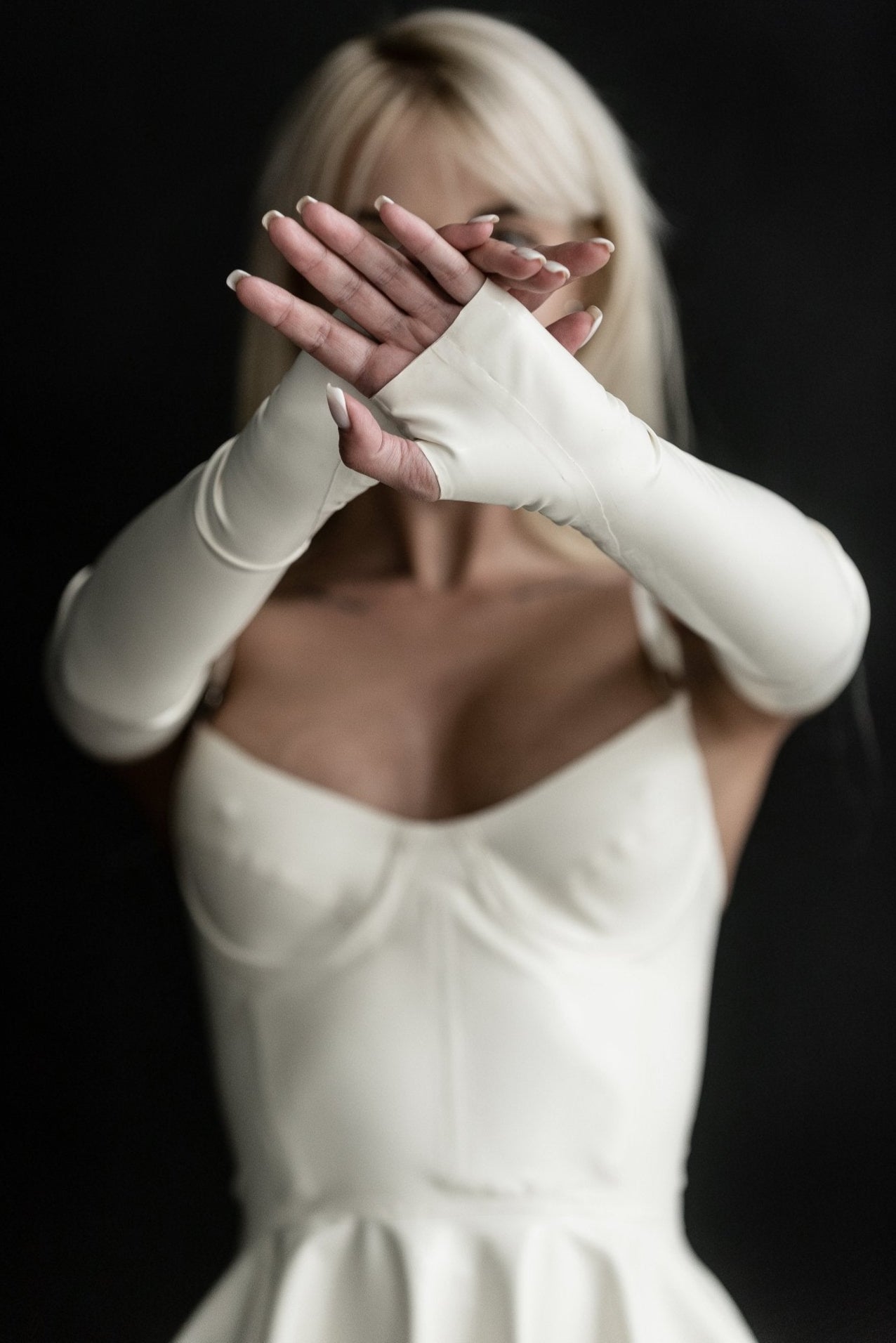 Milky White Latex Fingerless Long Gloves - Elinlatex