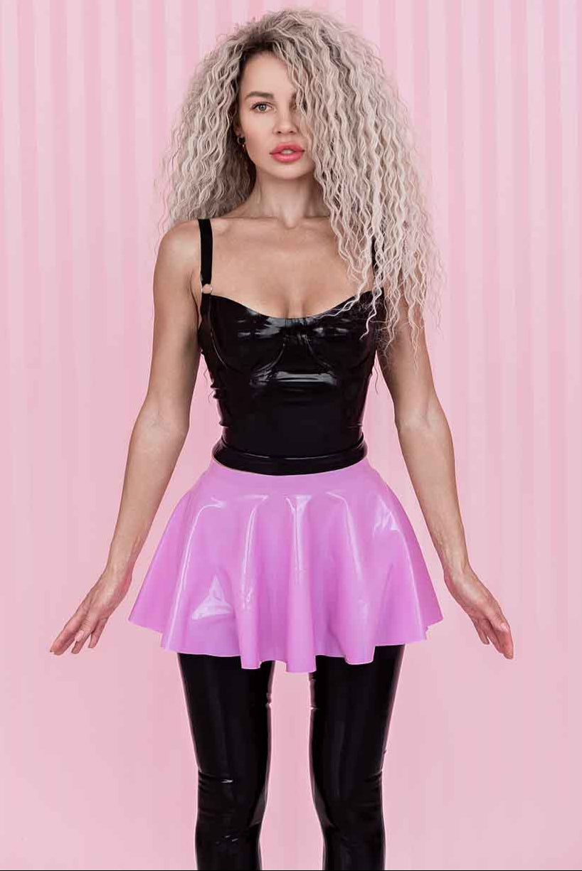 pink latex skater dress The prettiest of spring time dresses! Off the shoulder puff sleeve skater dress in bay pink with light blue bow #latexdress #latexdesigner #pinklatex #shhhcouture #shhhcouturelatex