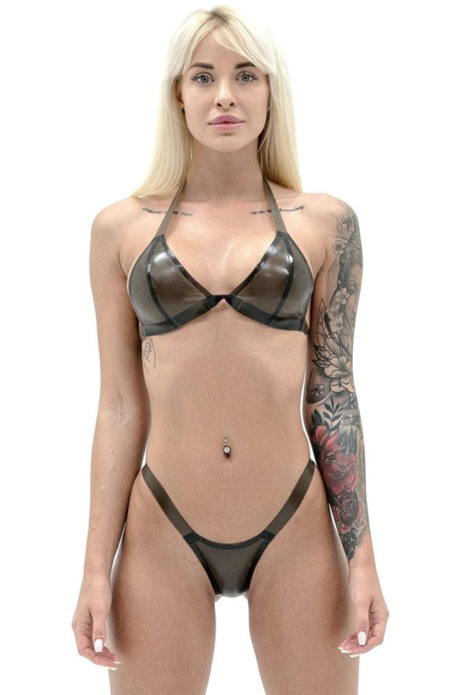 Semi-transparent Black Latex Lingerie, Latex bra + micro bikini - Elinlatex