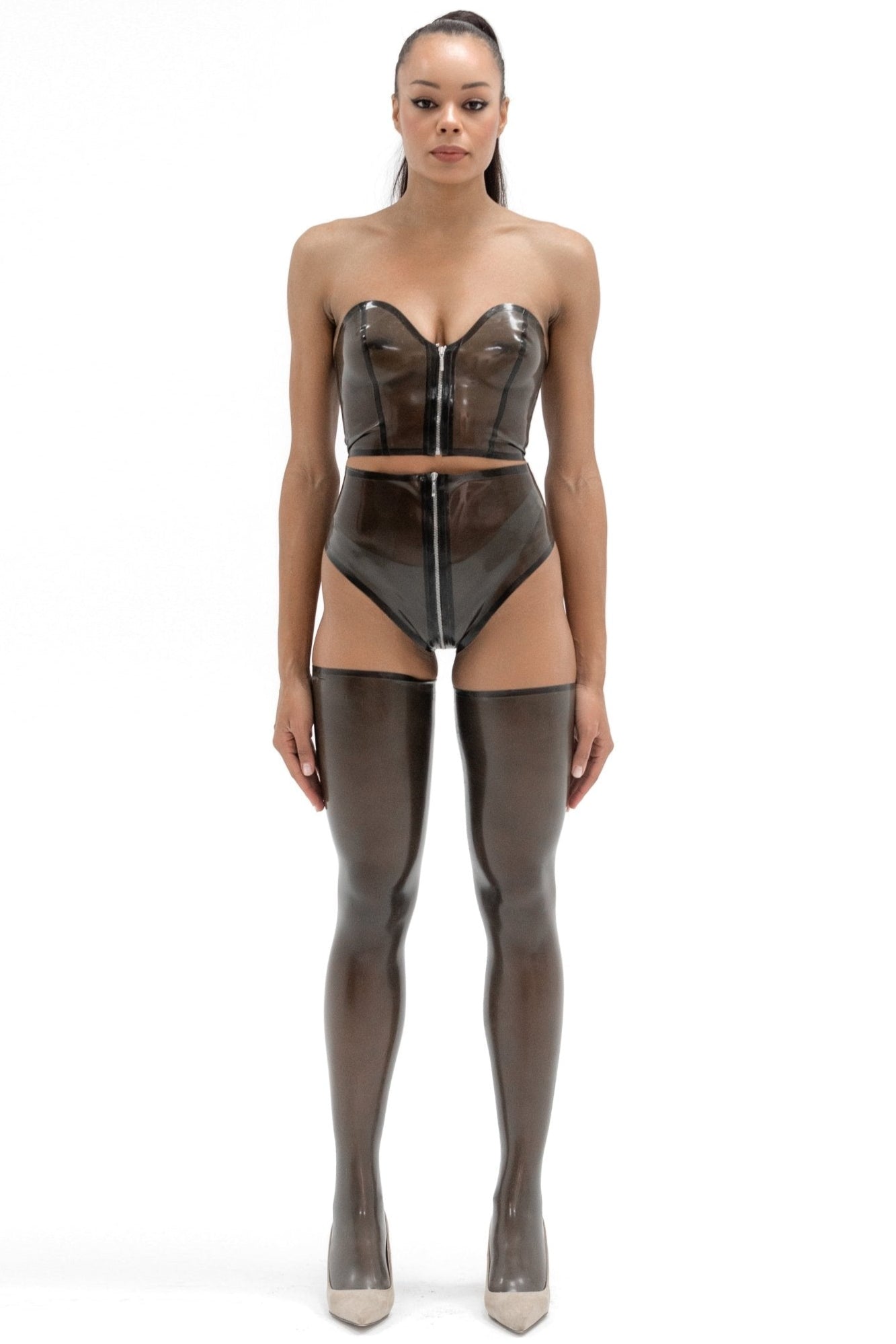 Semi-transparent Black Latex Top and High-Waist Panties set - Elinlatex
