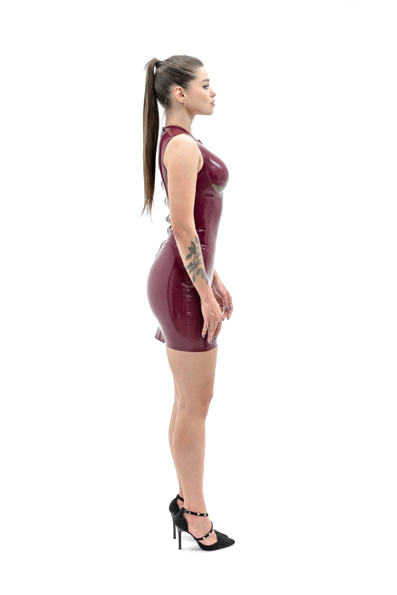 Sleeveless Latex Dress with the transparent insert. Burgundy - Elinlatex