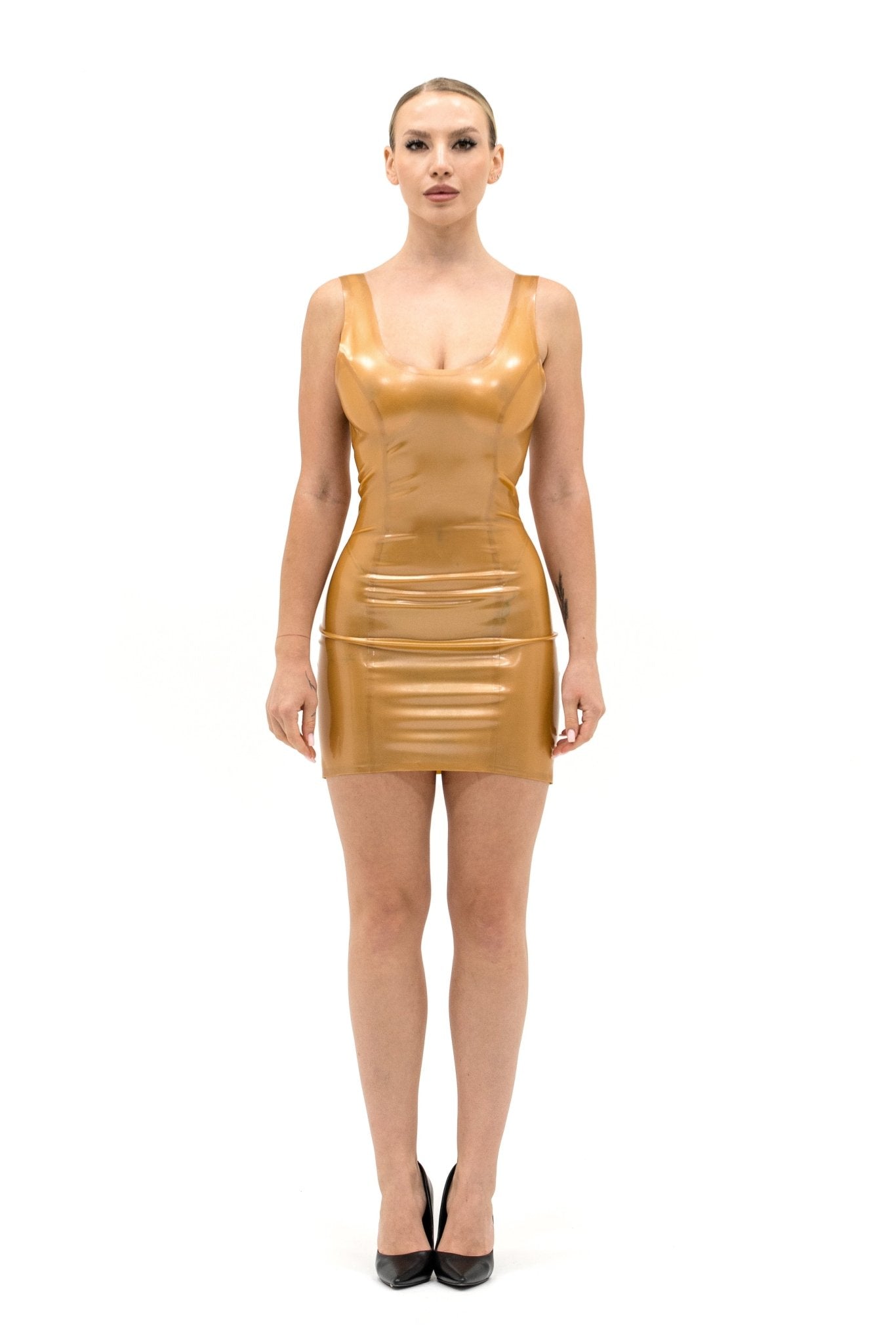 Translucent Latex Mini Dress. Metallic Gold - Elinlatex