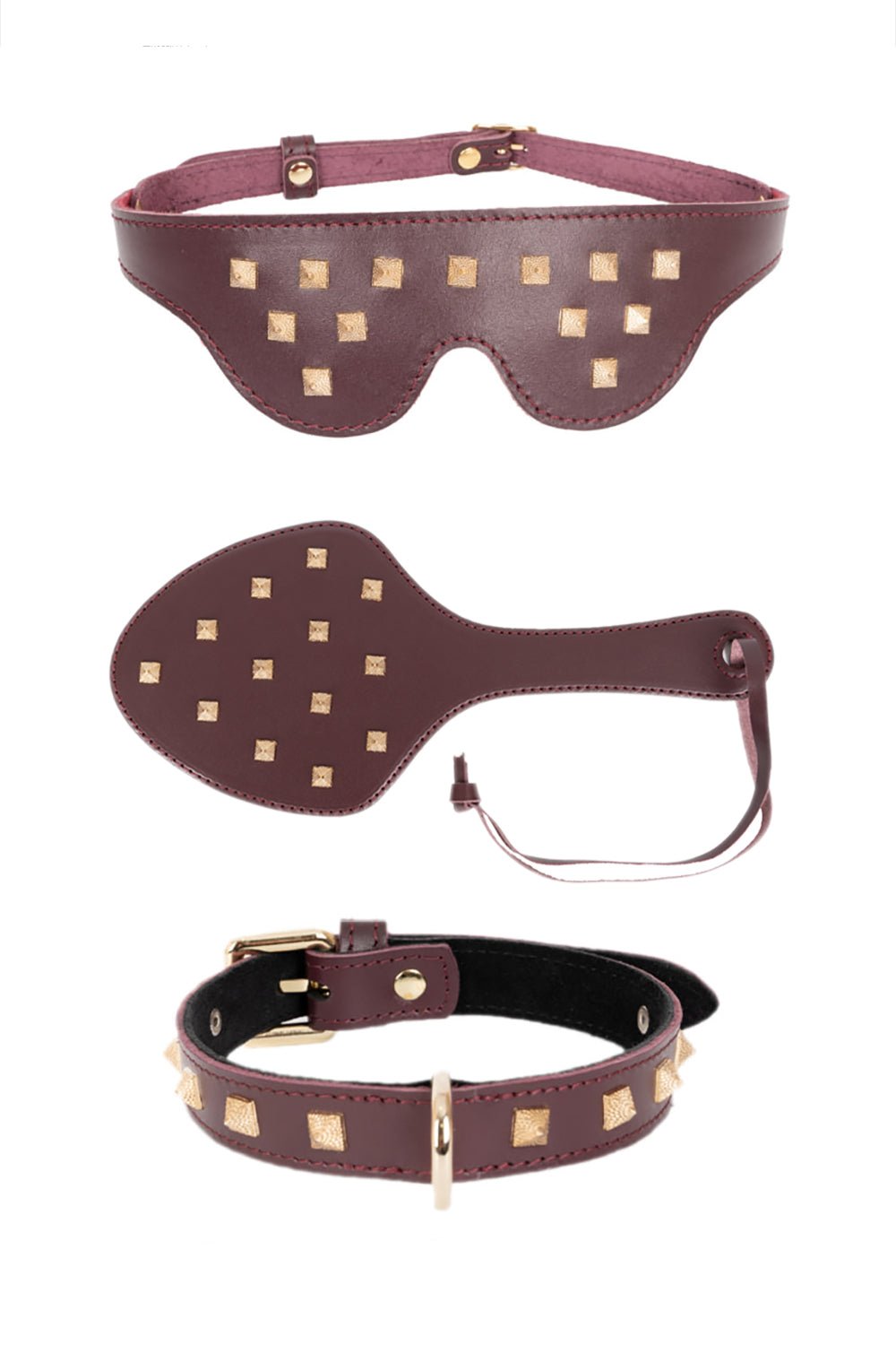 3 in 1 Leather Luxury Set with Spikes. Blindfold Mask, Spanking Paddle, Choker - Elinlatex