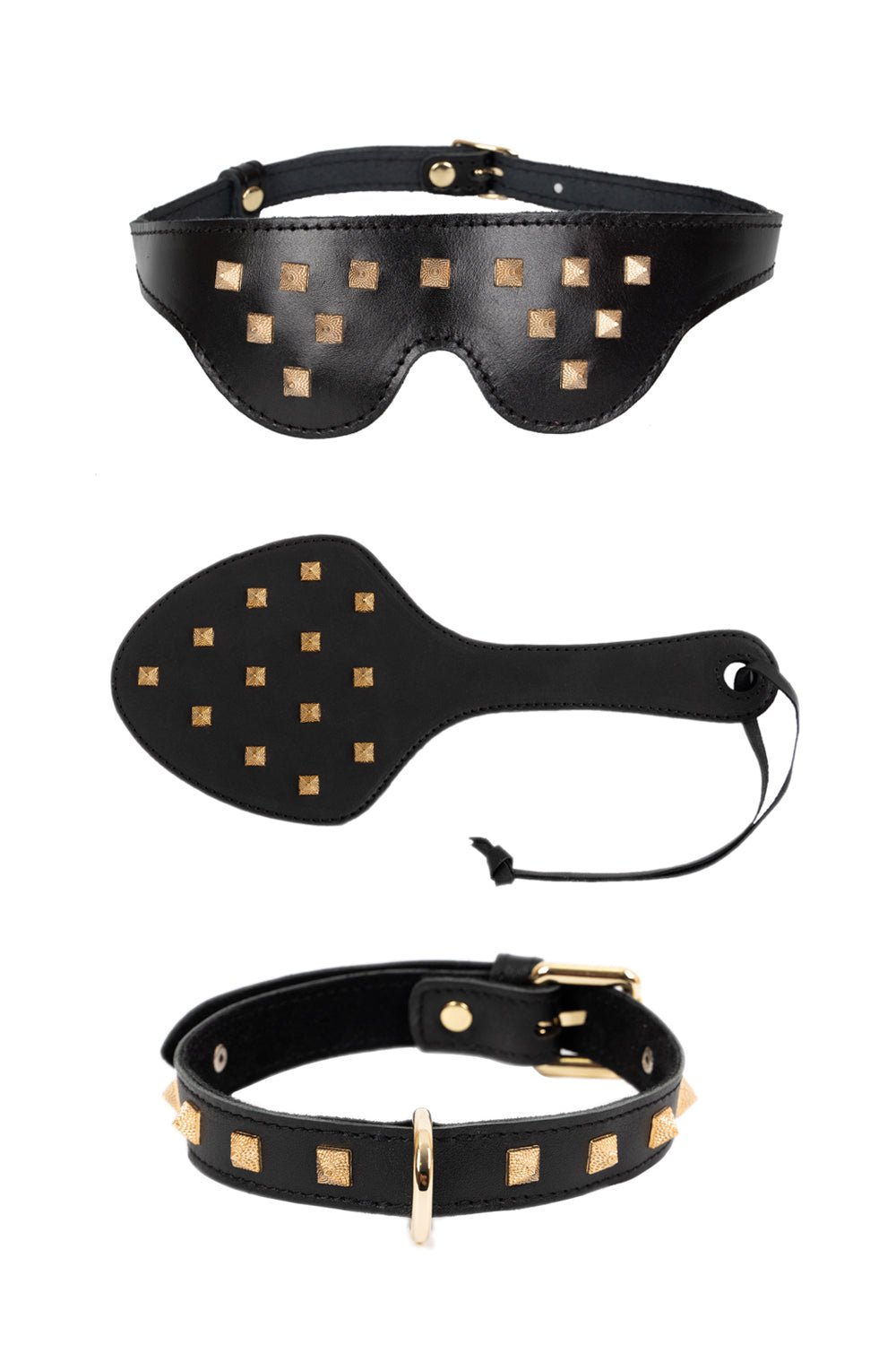 3 in 1 Leather Luxury Set with Spikes. Blindfold Mask, Spanking Paddle, Choker - Elinlatex