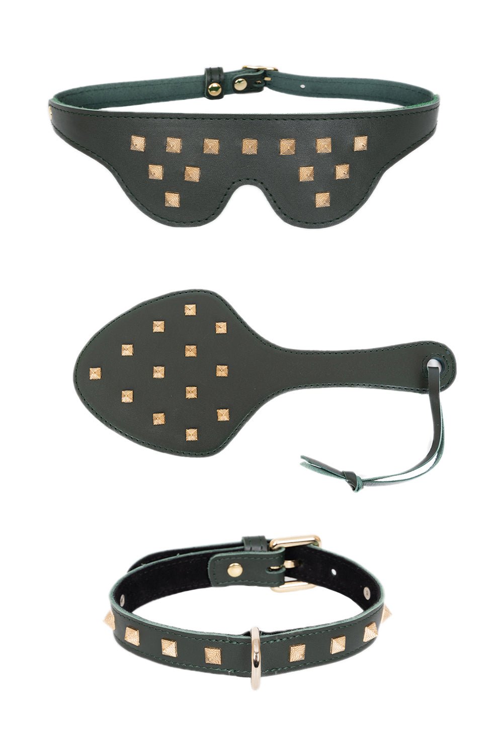 3 in 1 Leather Luxury Set with Spikes. Blindfold Mask, Spanking Paddle, Choker - Elinlatex