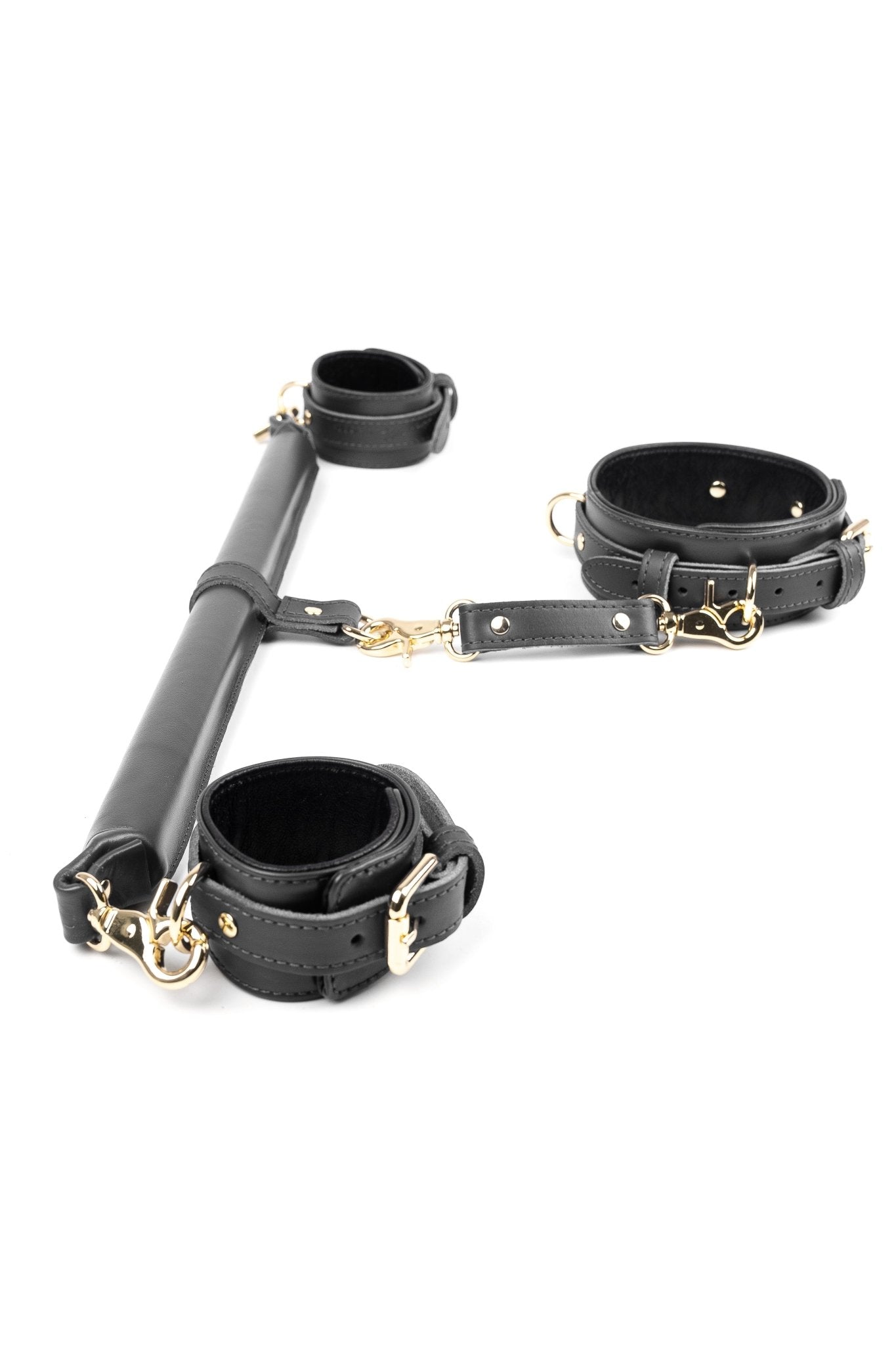 3 Point BDSM Leather Spreader Bar Set. Black - Elinlatex