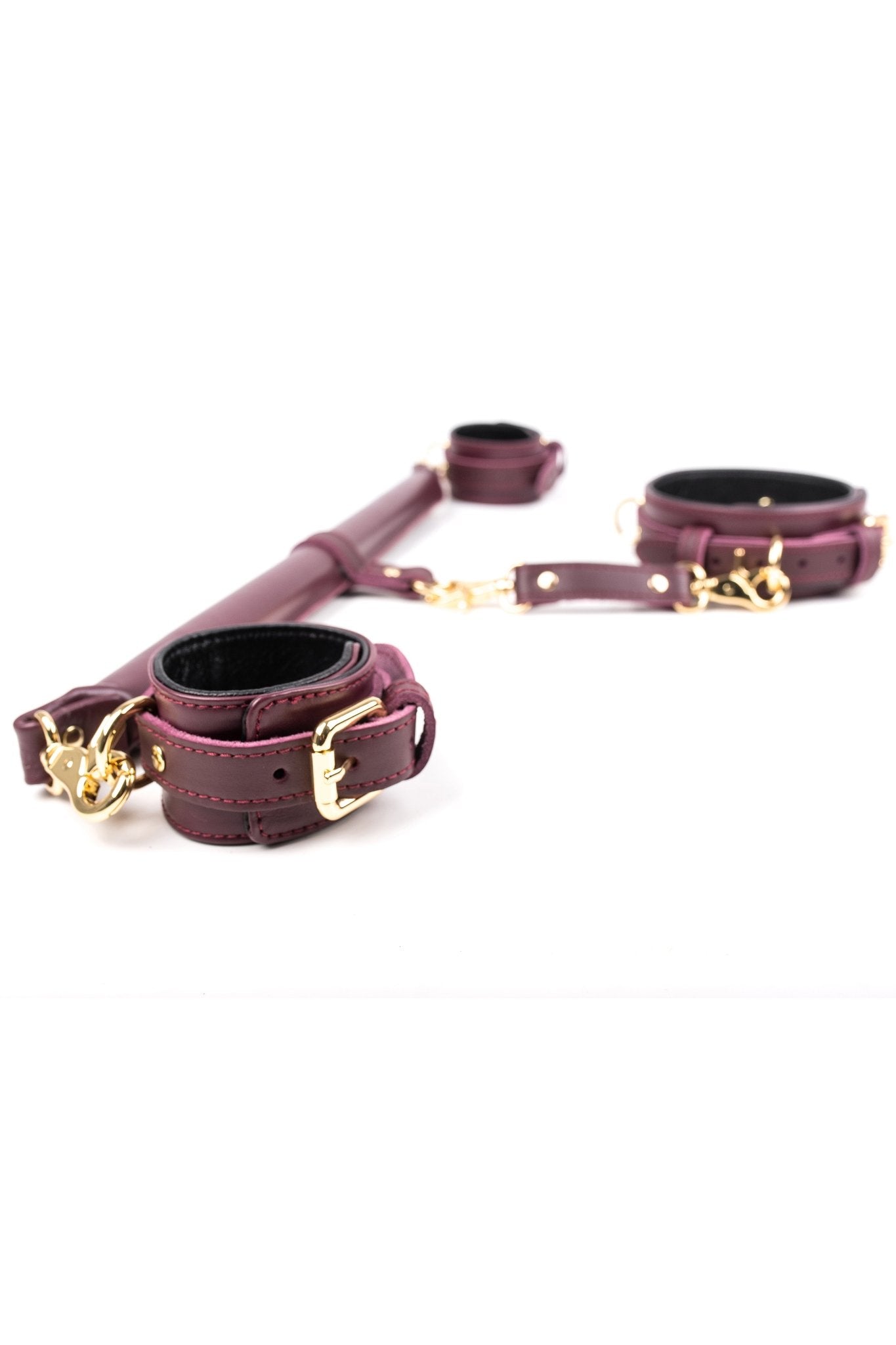 3 Point BDSM Leather Spreader Bar Set. Burgundy - Elinlatex