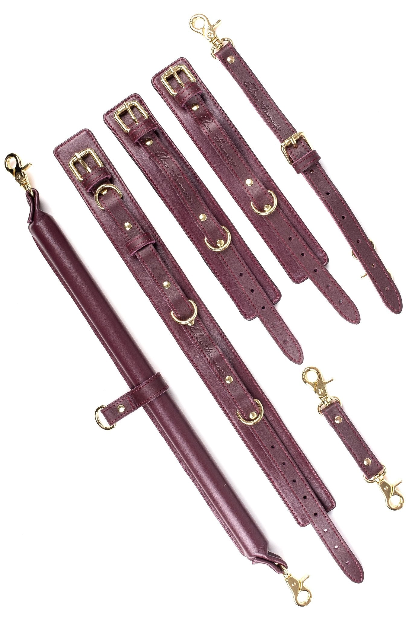 3 Point BDSM Leather Spreader Bar Set. Burgundy - Elinlatex