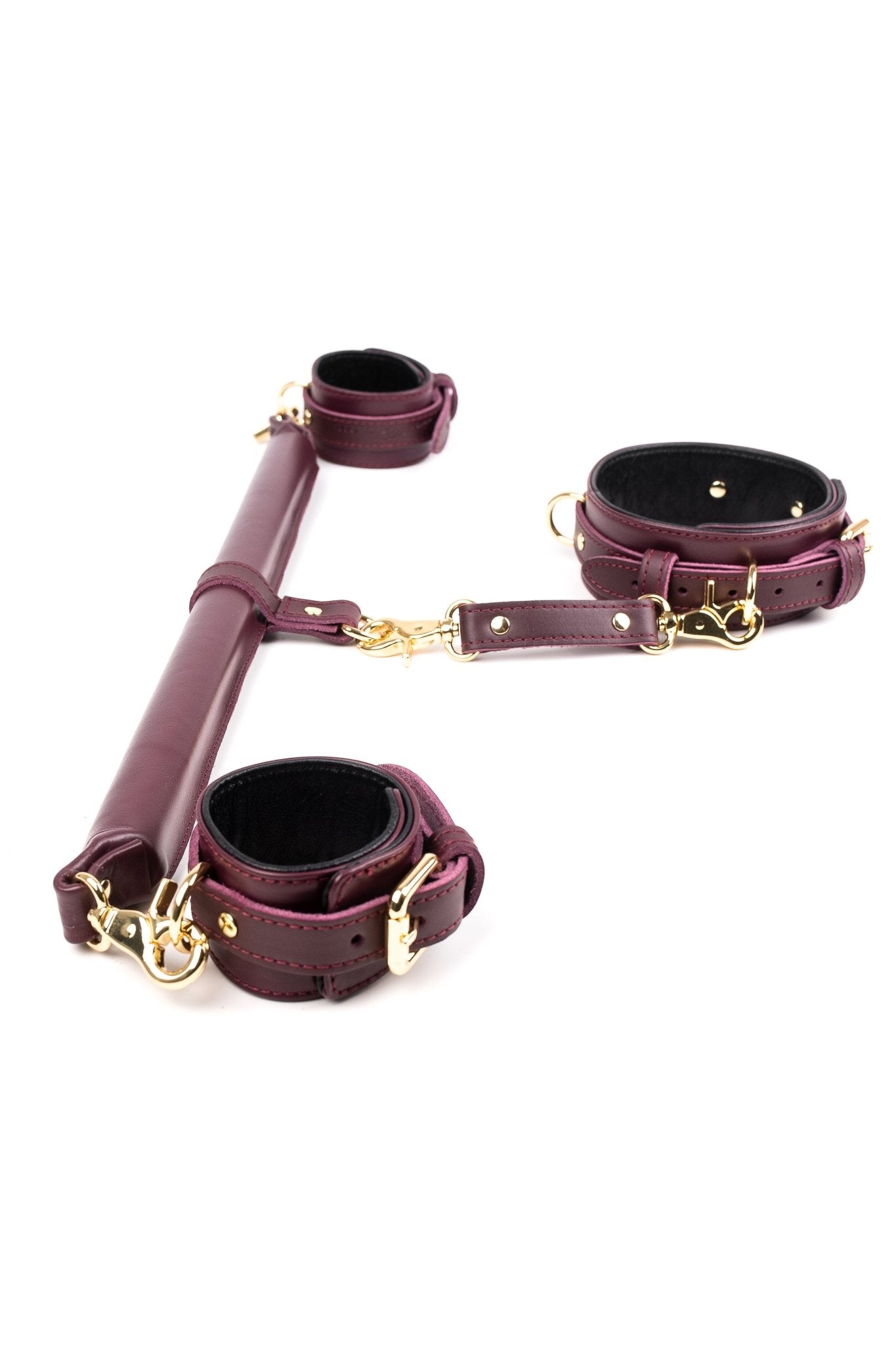 3 Point BDSM Leather Spreader Bar Set. Burgundy - Elinlatex