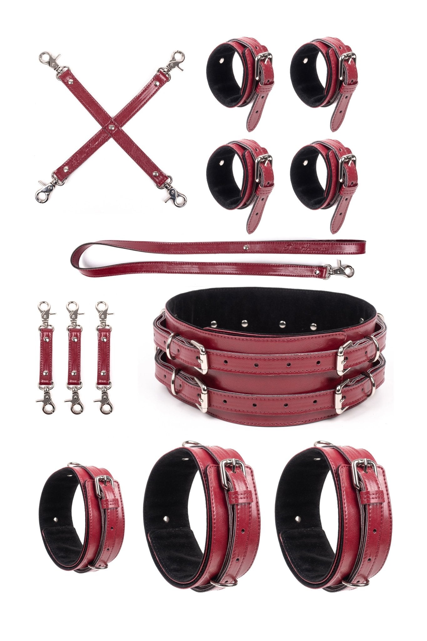 6 in 1 Vegan Leather Harness Bondage Set. Burgundy - Elinlatex