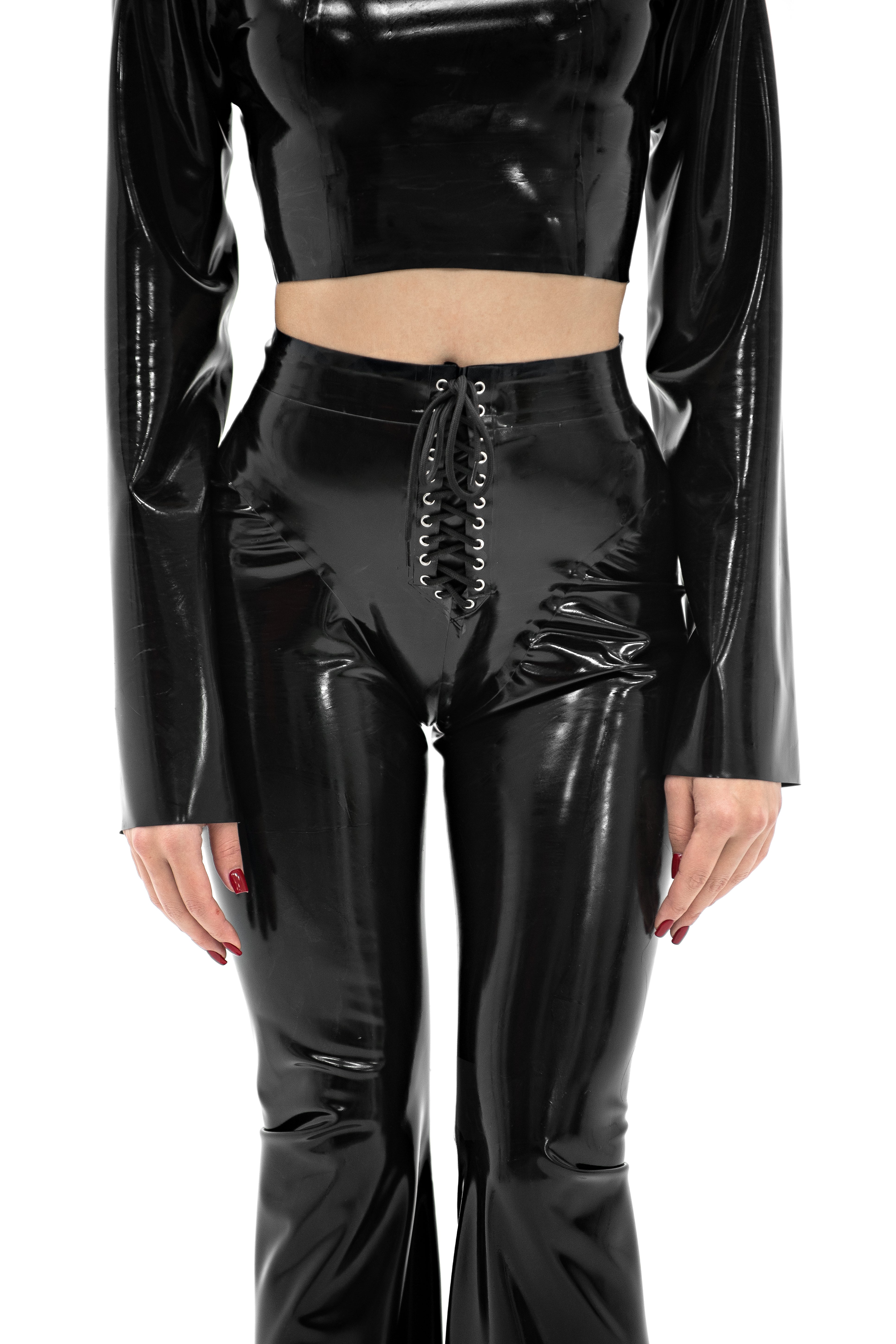 Latex Flared Pants with Front Lacing Lara. Black
