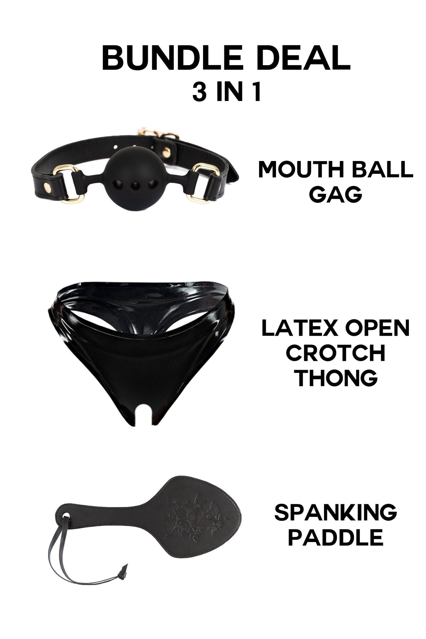 Adult Package - Smart Price, Pure Satisfaction: Ball Gag + Latex Panties + Spanking Paddle. Black - Elinlatex