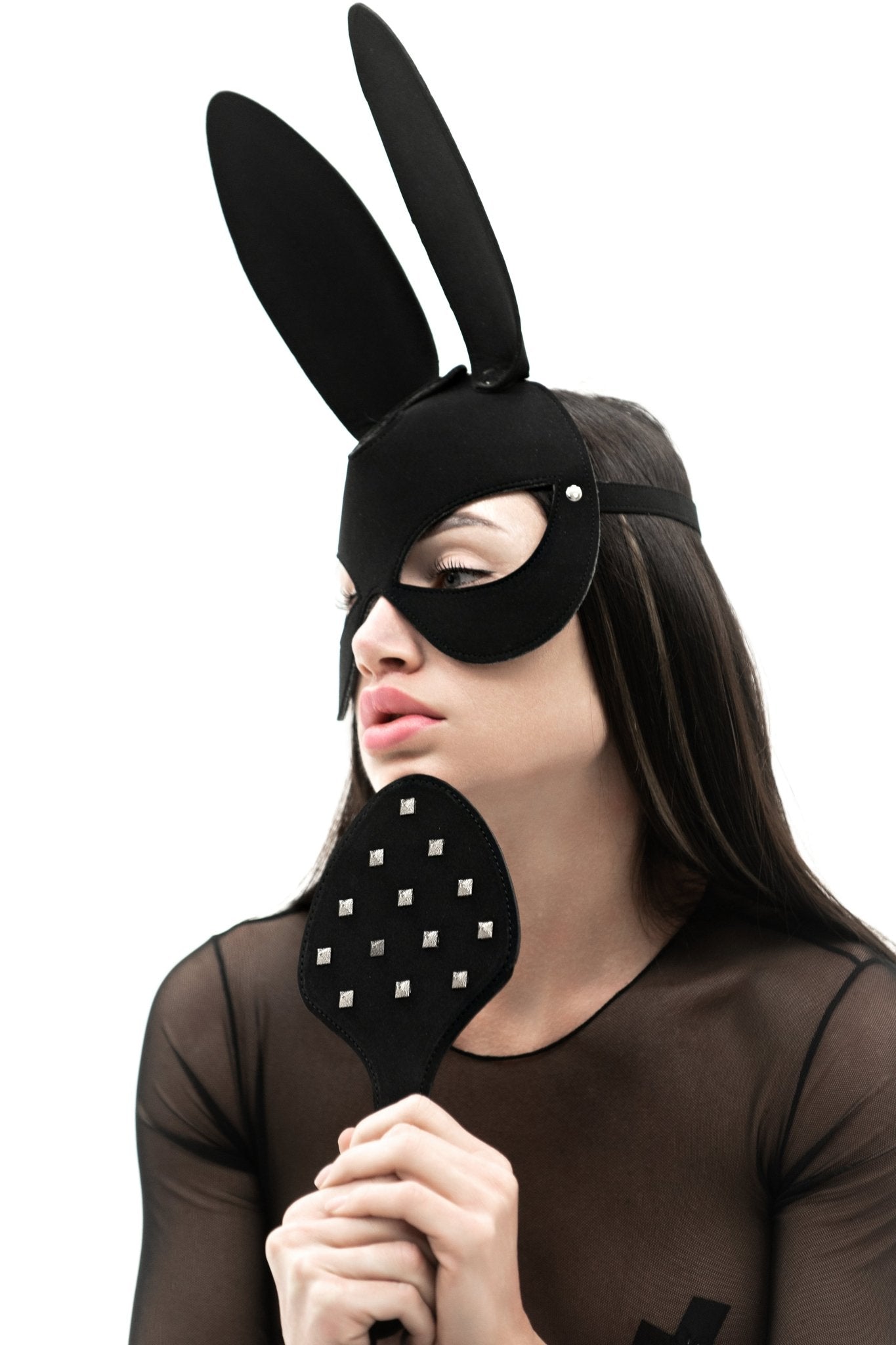 Black Faux Leather Bunny Face mask. - Elinlatex