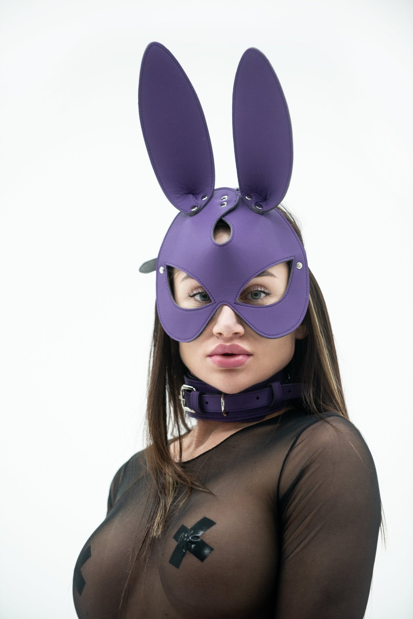 Black Faux Leather Bunny Face mask. - Elinlatex