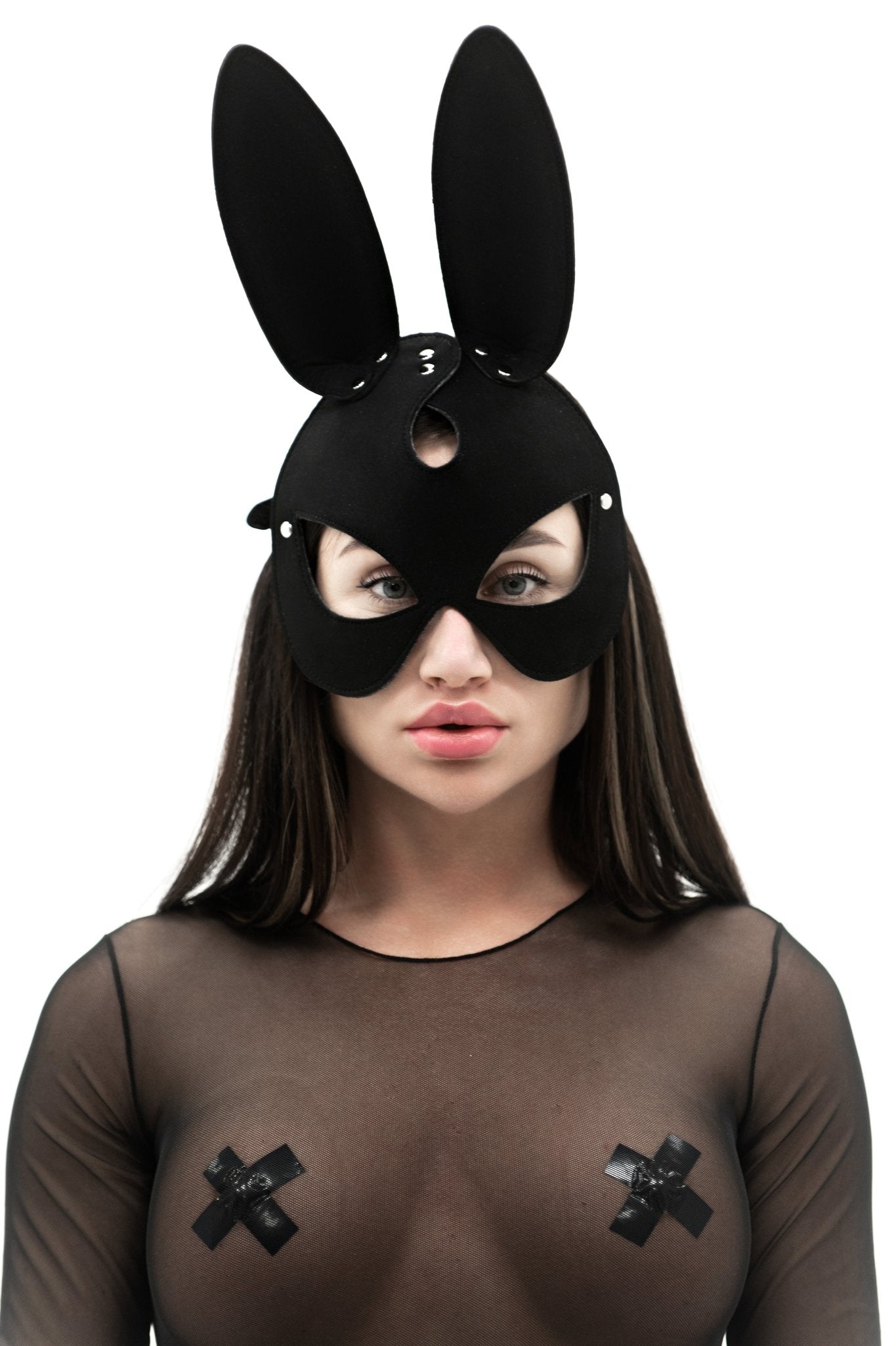 Black Faux Leather Bunny Face mask. - Elinlatex