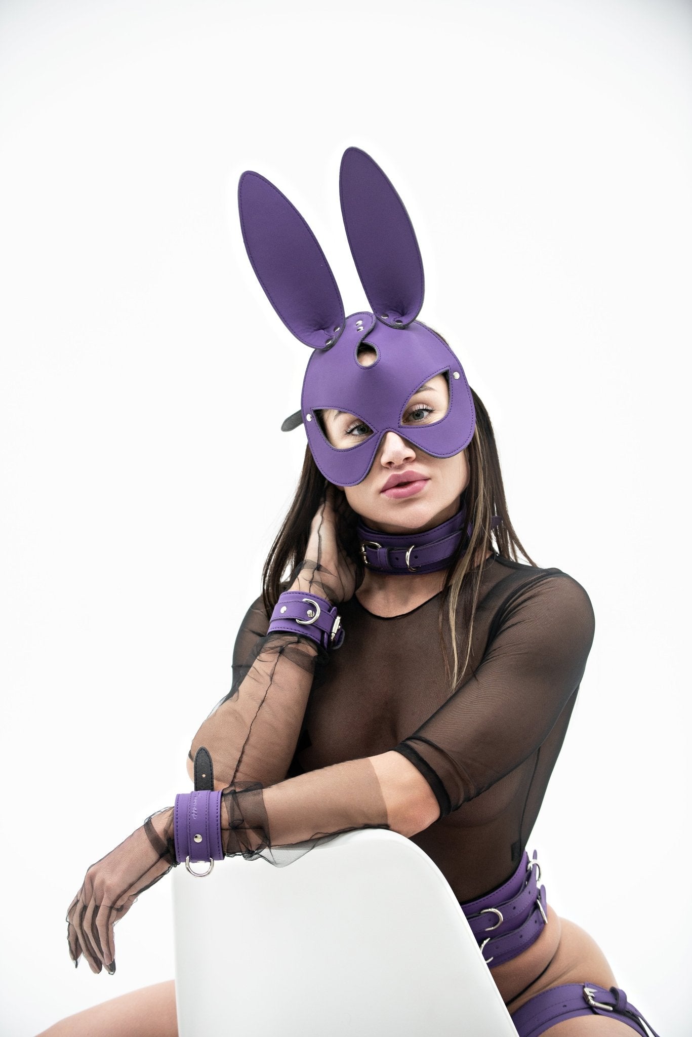 Black Faux Leather Bunny Face mask. - Elinlatex