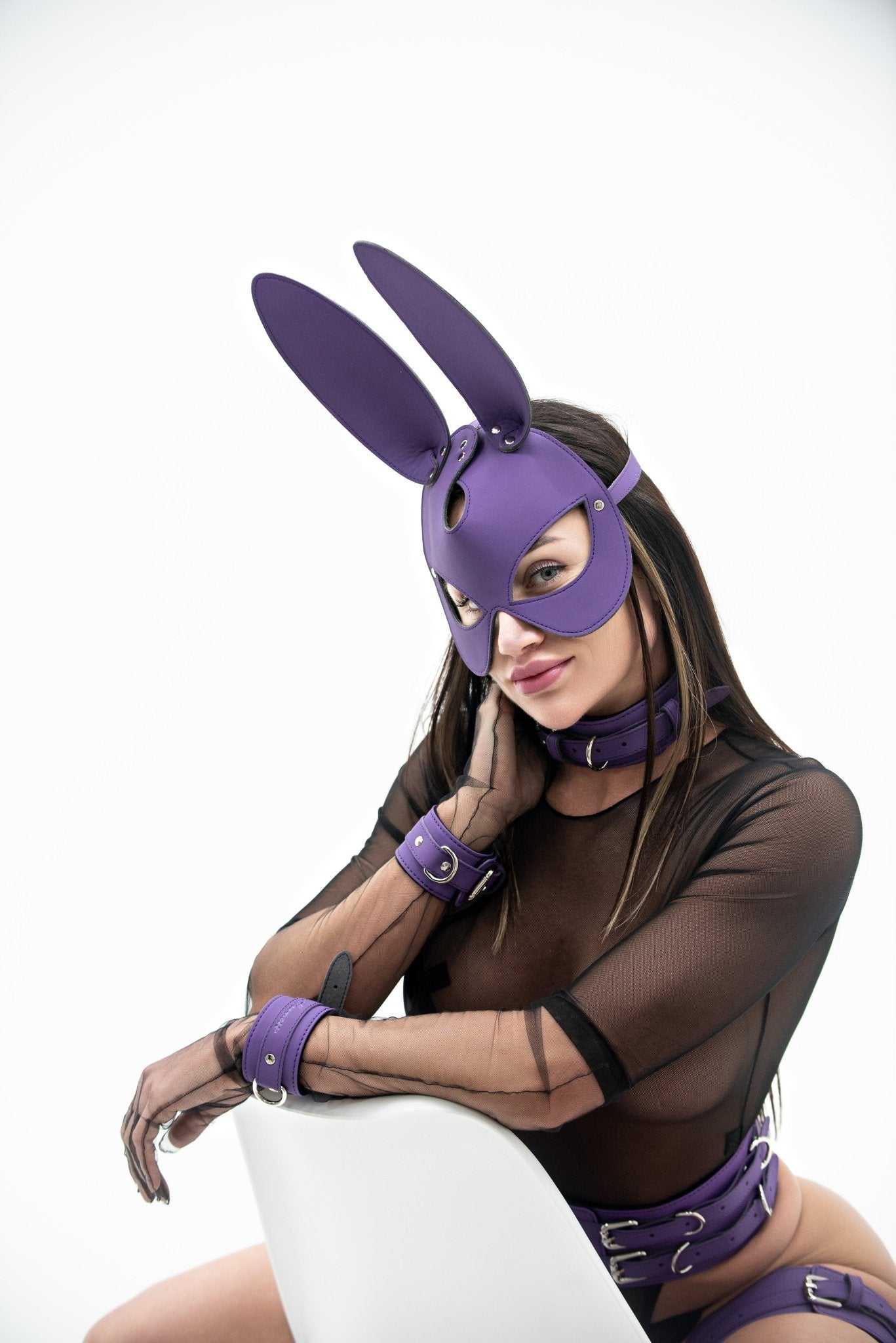 Black Faux Leather Bunny Face mask. - Elinlatex