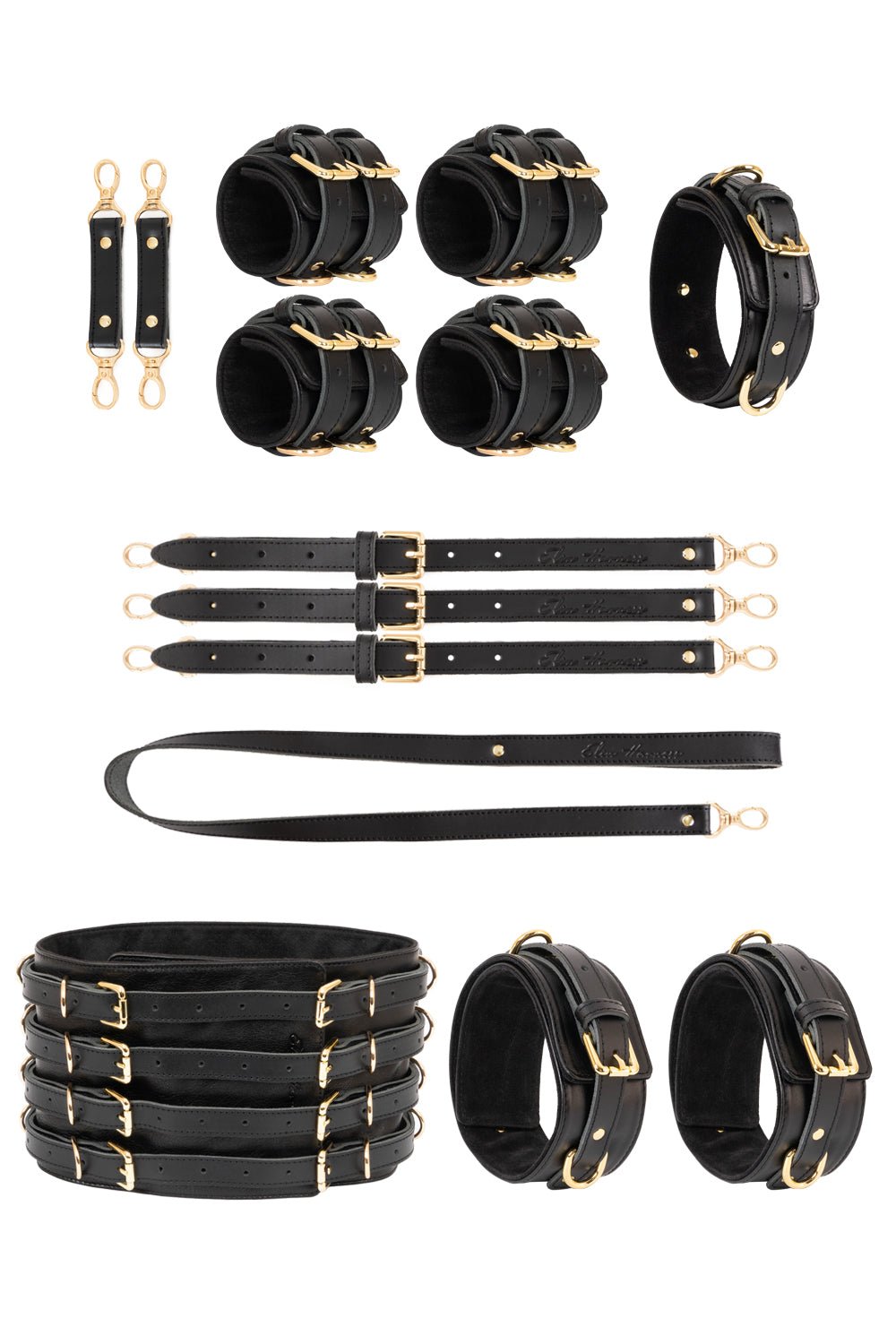 Black Luxury Full Leather Set with Wide Belt and Cuffs - Elinlatex