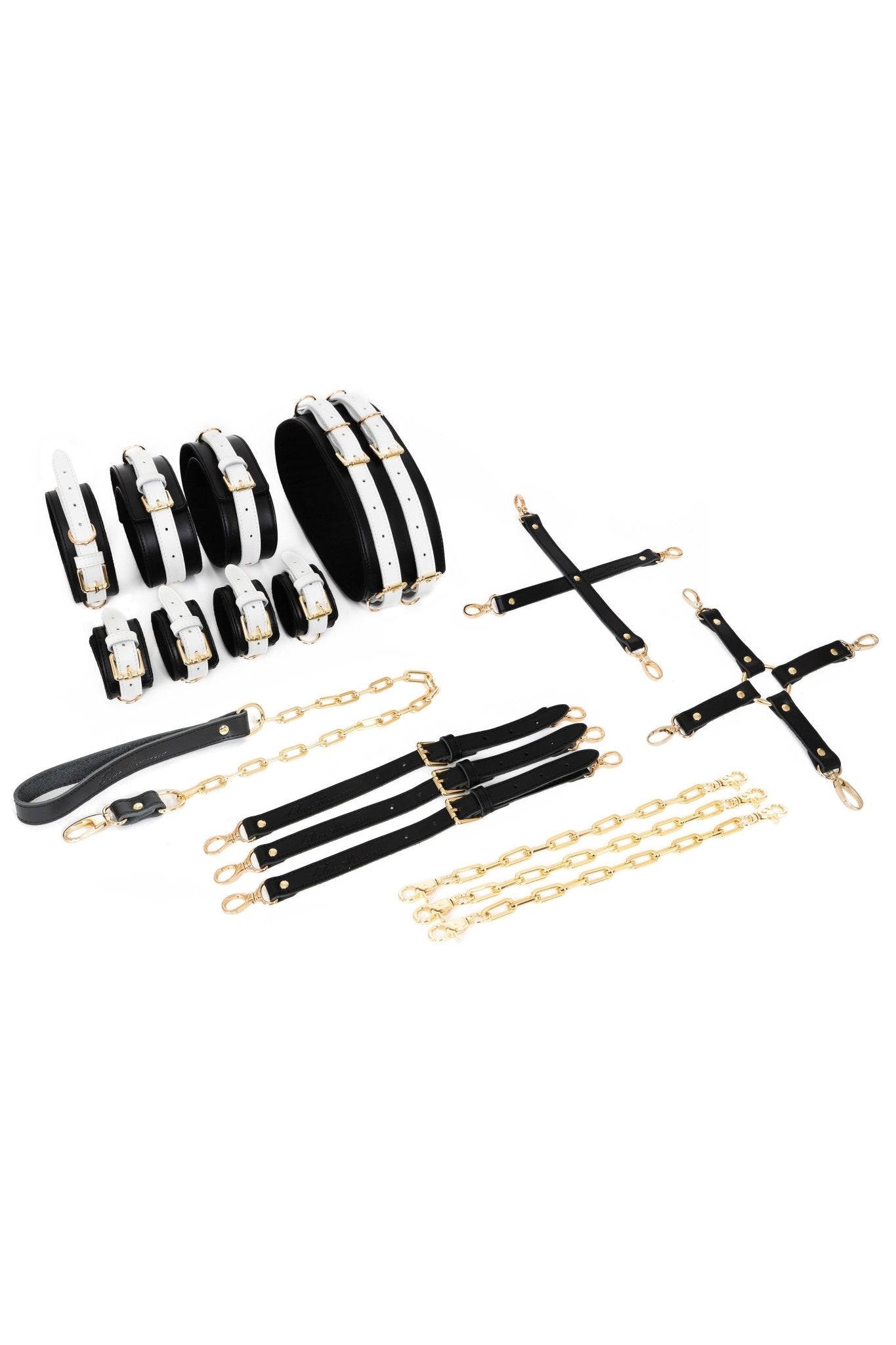 Black'n'White Full Leather Harness Bondage Set with Chain Connectors - Elinlatex