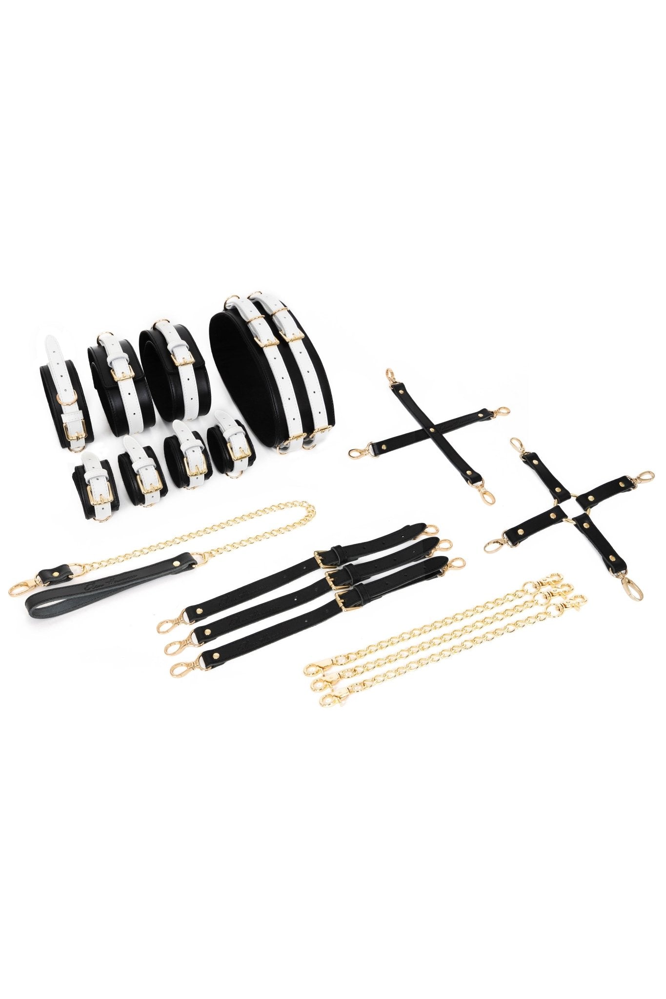 Black'n'White Full Leather Harness Bondage Set with Chain Connectors - Elinlatex