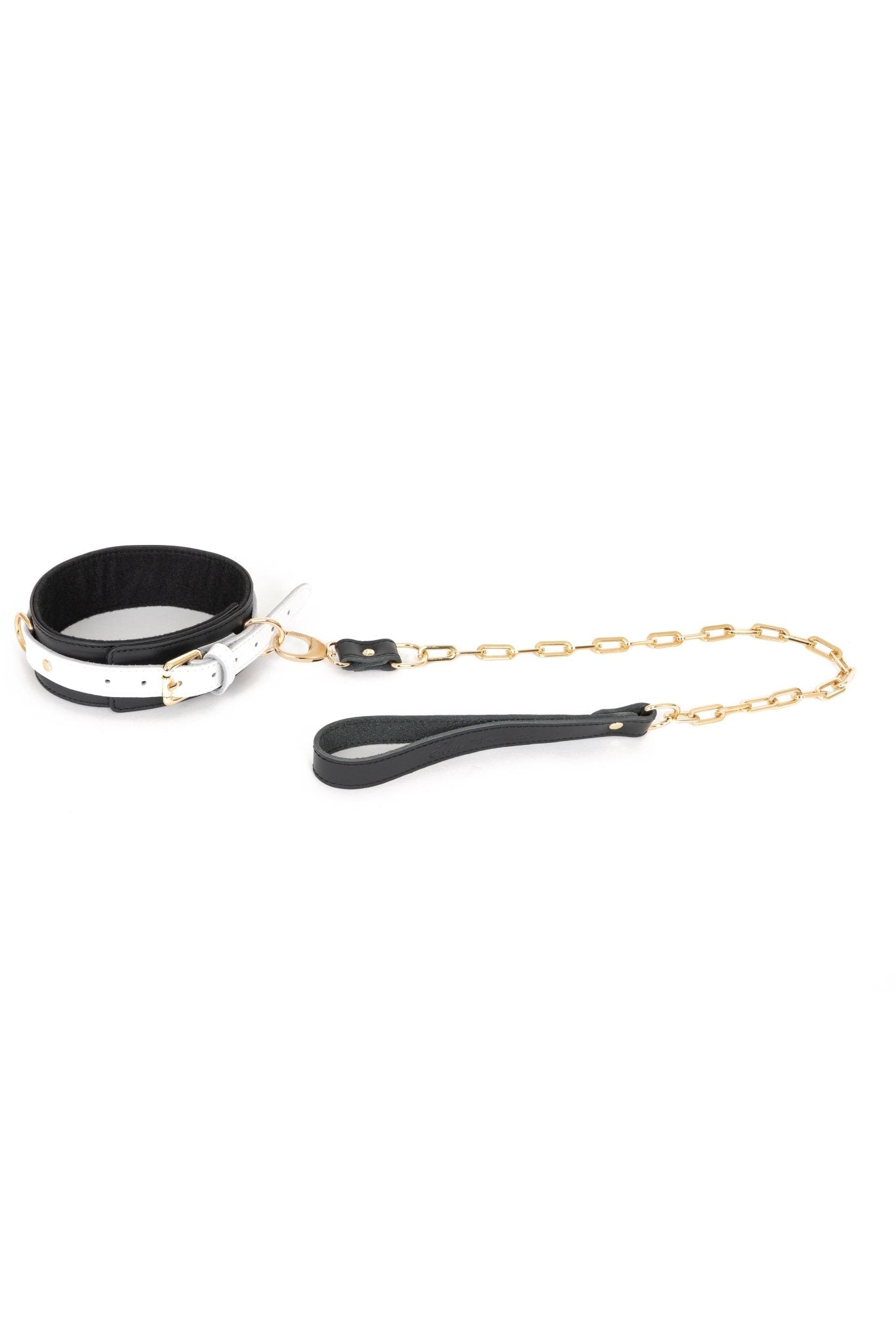 Black'n'White Leather Choker with Chain Leash - Elinlatex