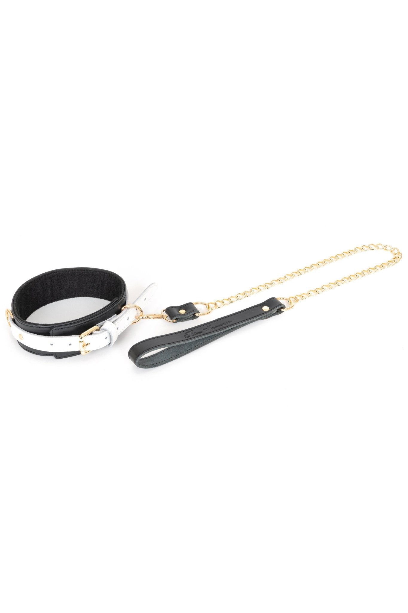 Black'n'White Leather Choker with Chain Leash - Elinlatex