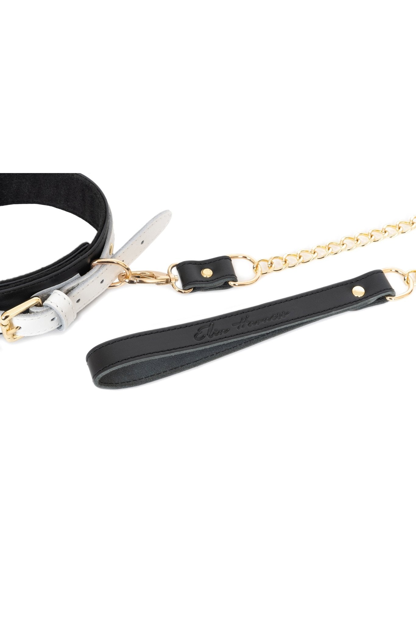 Black'n'White Leather Choker with Chain Leash - Elinlatex