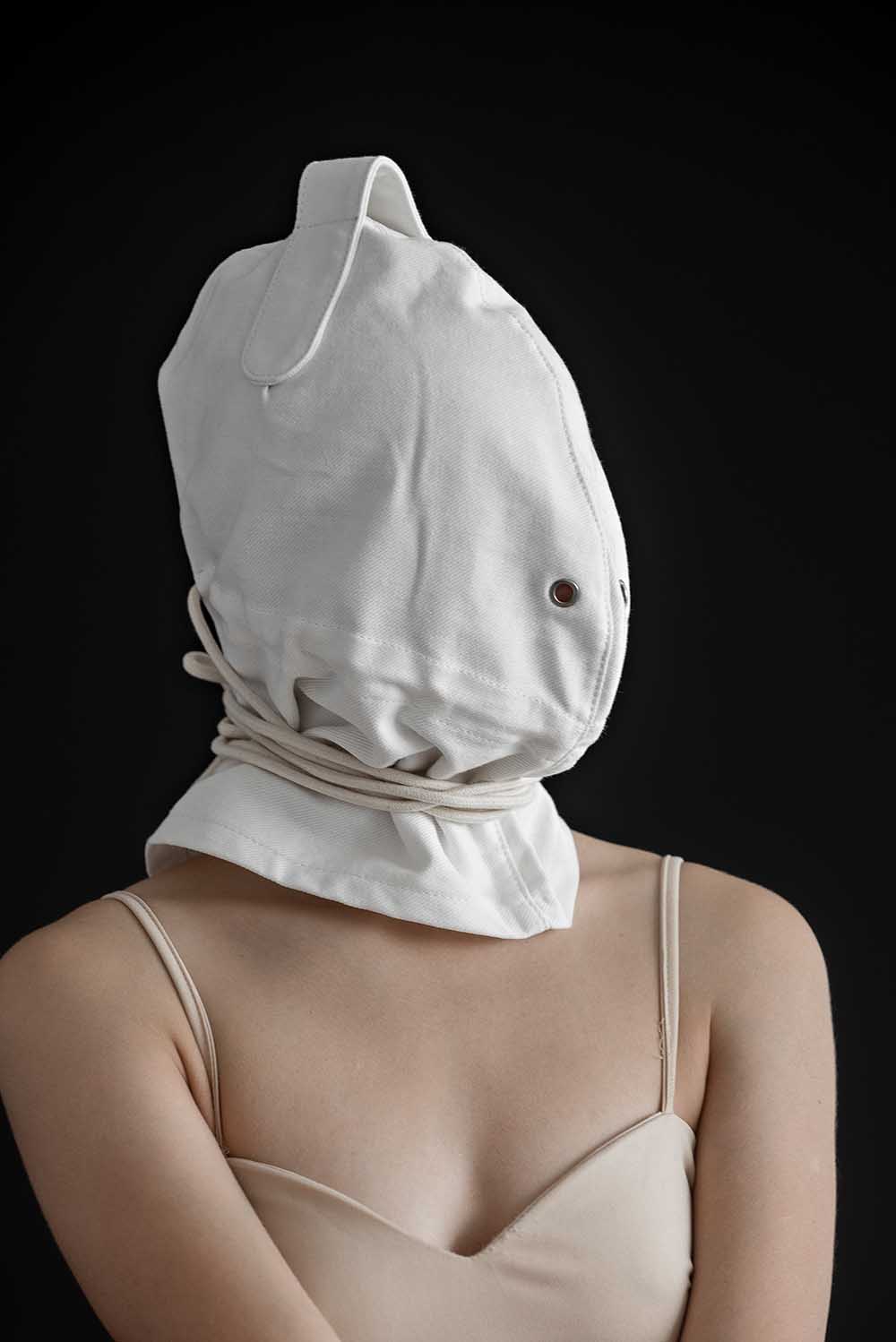 Bondage Hood, blindfold hood with holes for breathing. White - Elinlatex