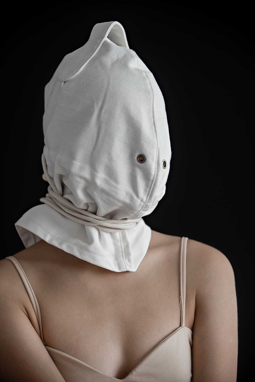 Bondage Hood, blindfold hood with holes for breathing. White - Elinlatex