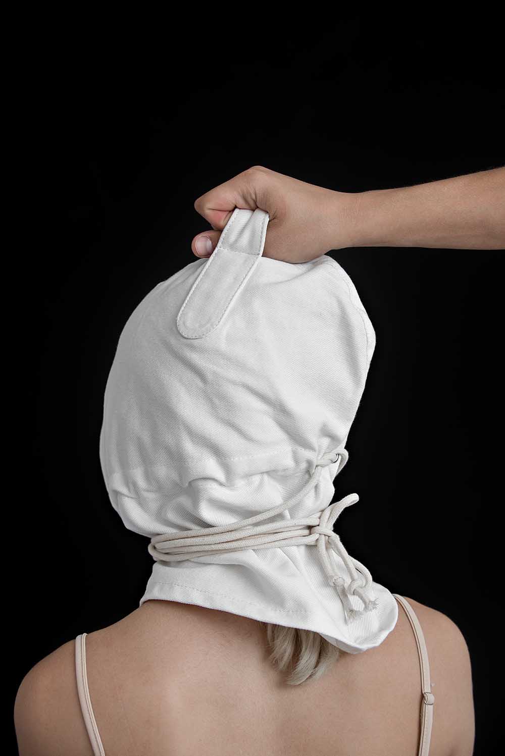 Bondage Hood, blindfold hood with holes for breathing. White - Elinlatex